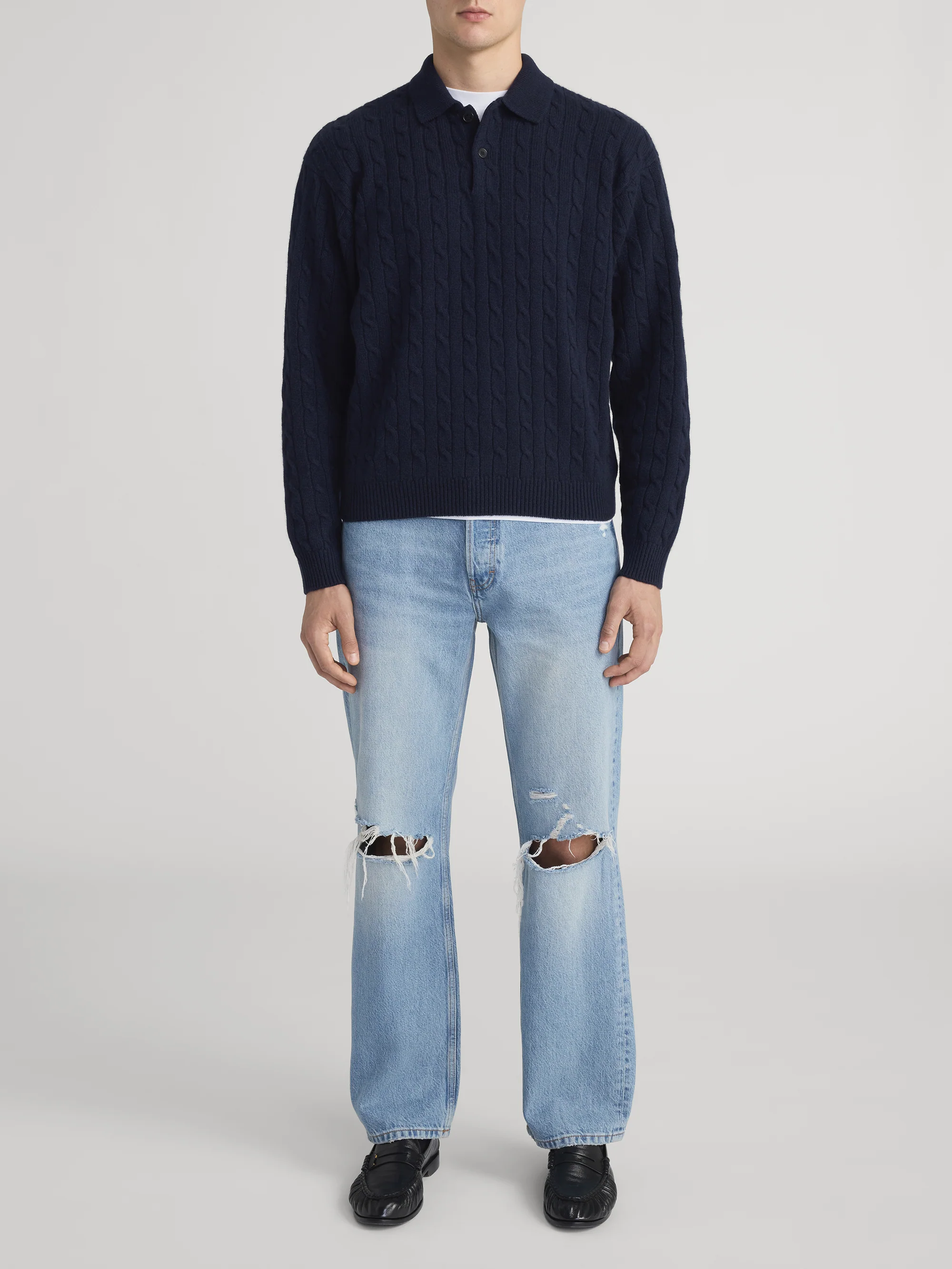 Cable Polo Sweater -- Dark Navy - Image 2