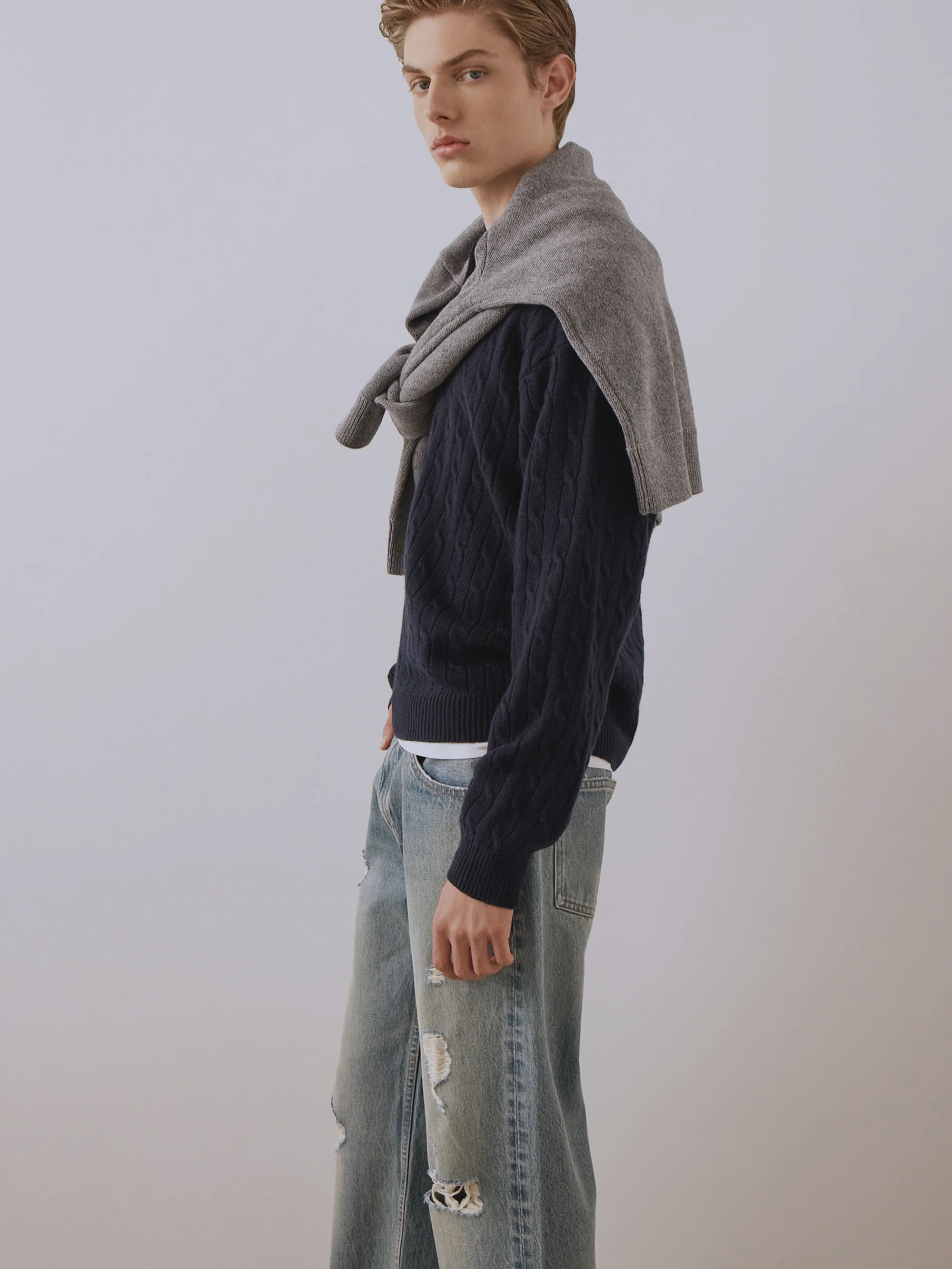 Cable Polo Sweater -- Dark Navy - Image 7