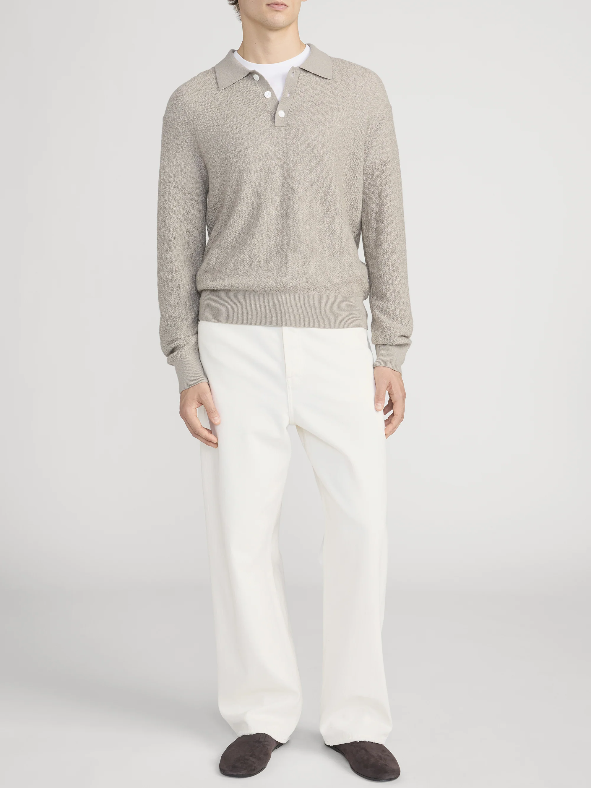 Long Sleeve Polo Sweater -- Warm Grey - Image 2