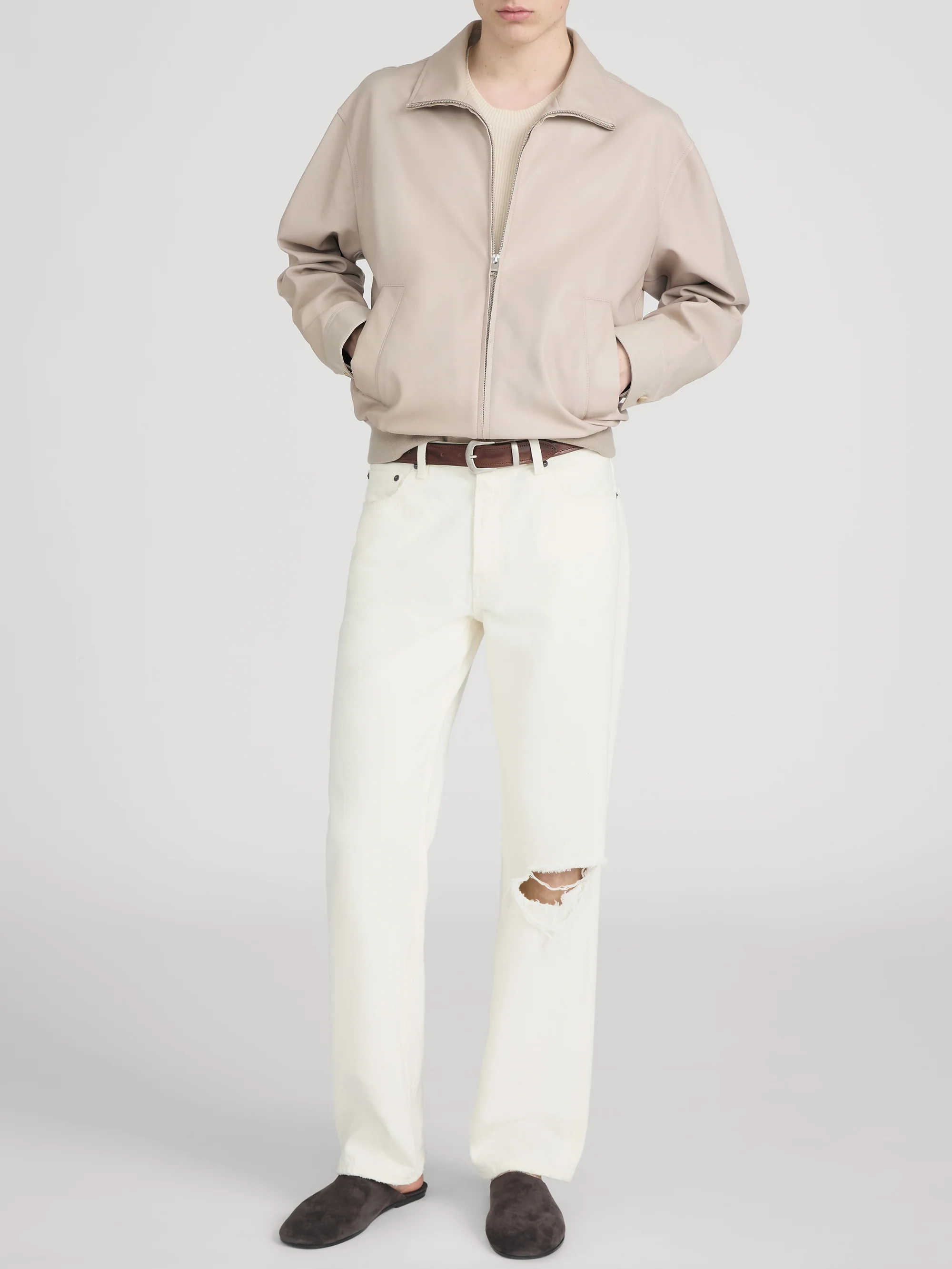 Leather Bomber Jacket -- Dusty Beige - Image 2