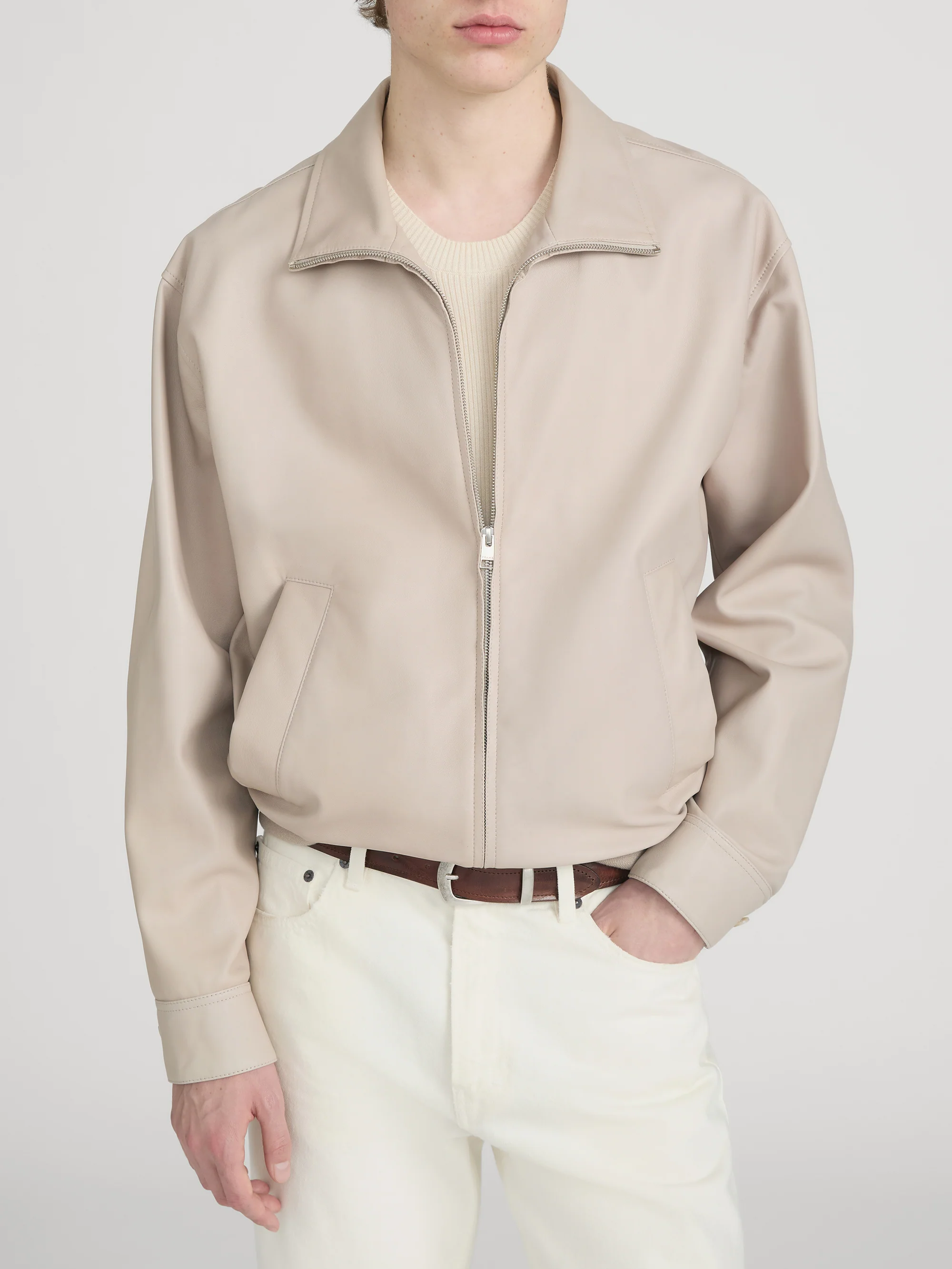 Leather Bomber Jacket -- Dusty Beige - Image 3