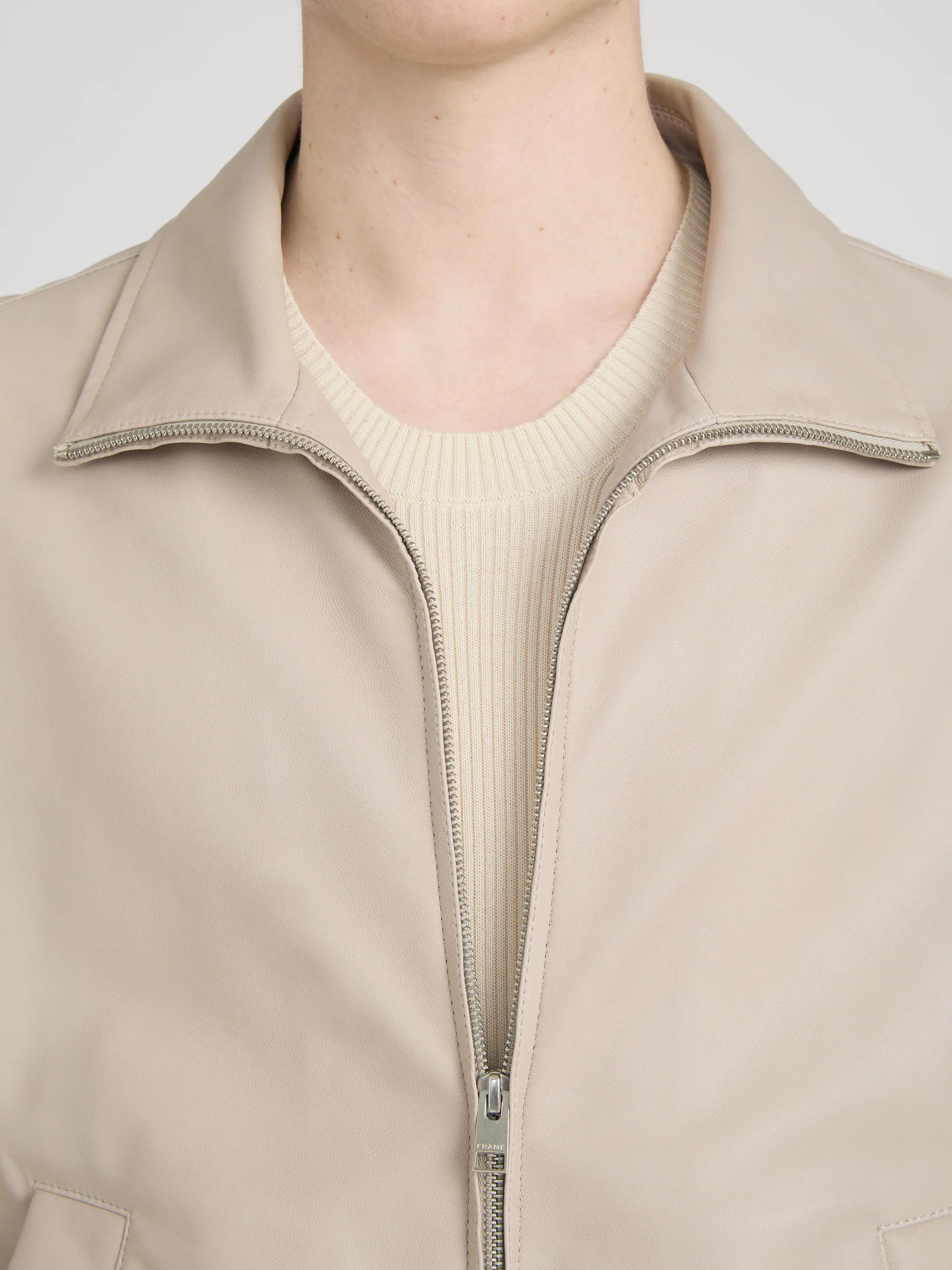 Leather Bomber Jacket -- Dusty Beige - Image 4