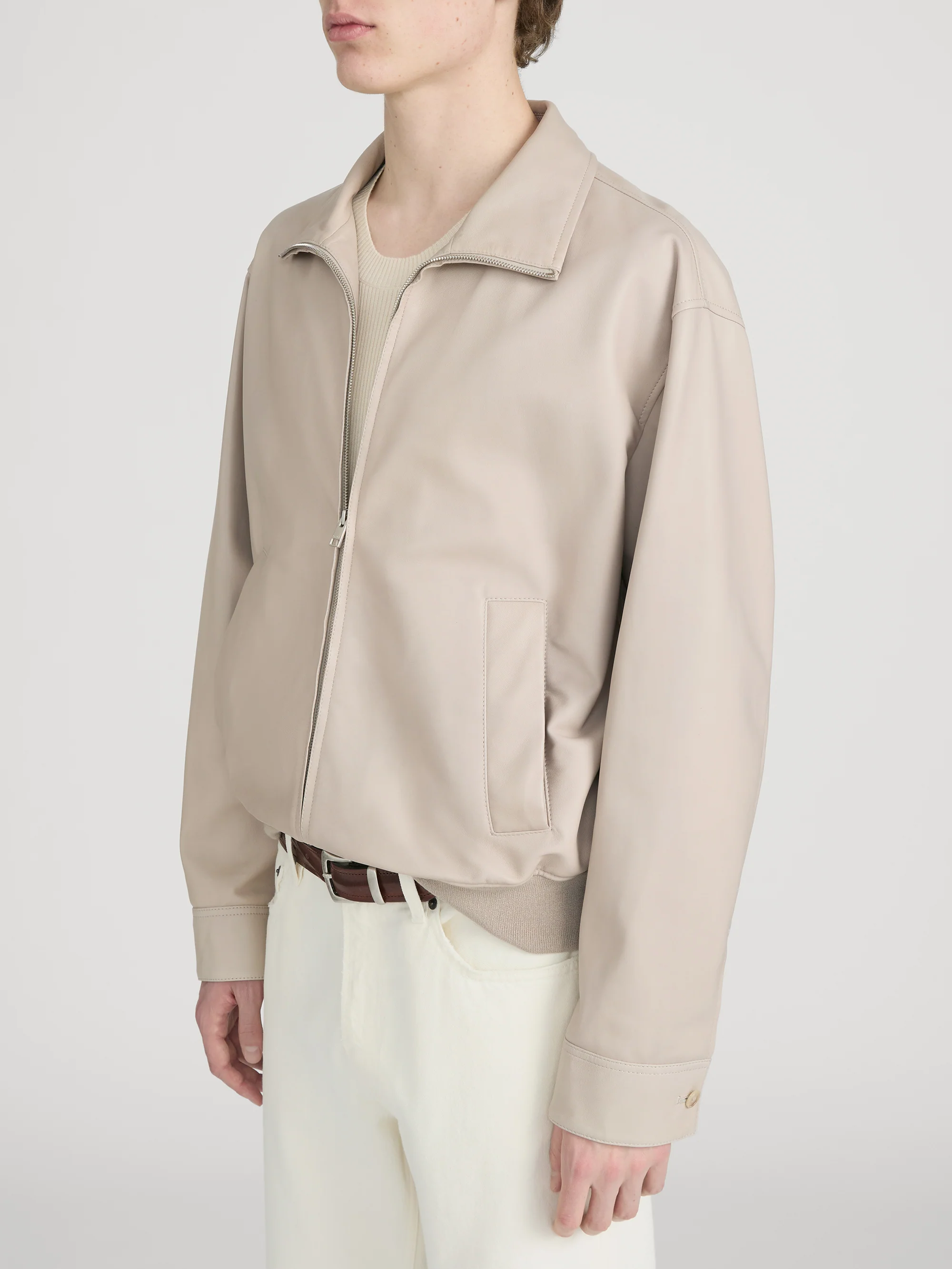 Leather Bomber Jacket -- Dusty Beige - Image 5