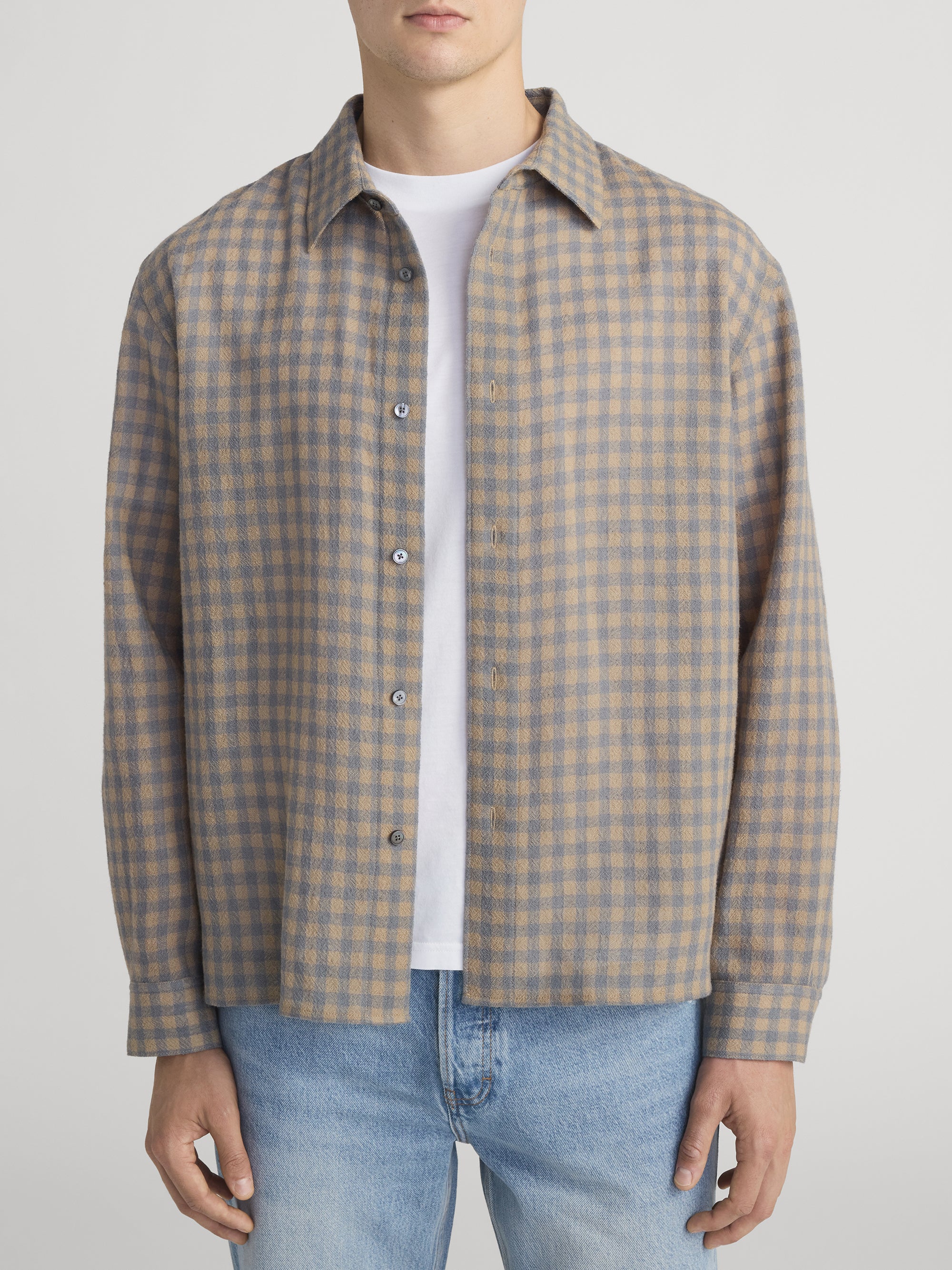 Light Wool Plaid Shirt -- Beige/Blue Plaid - Image 3