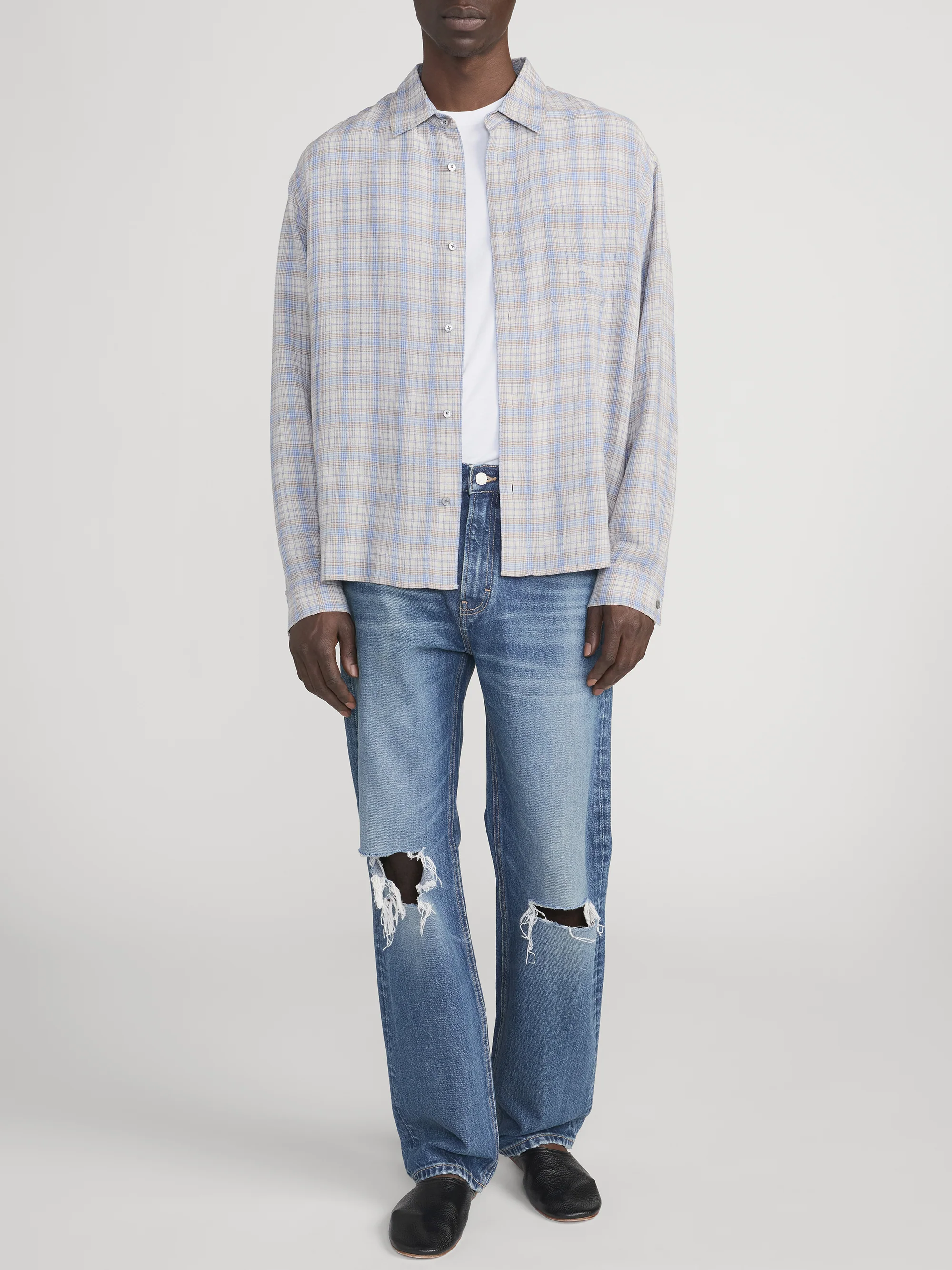 Linen Blend Plaid Shirt -- Cream/ Blue Plaid - Image 2