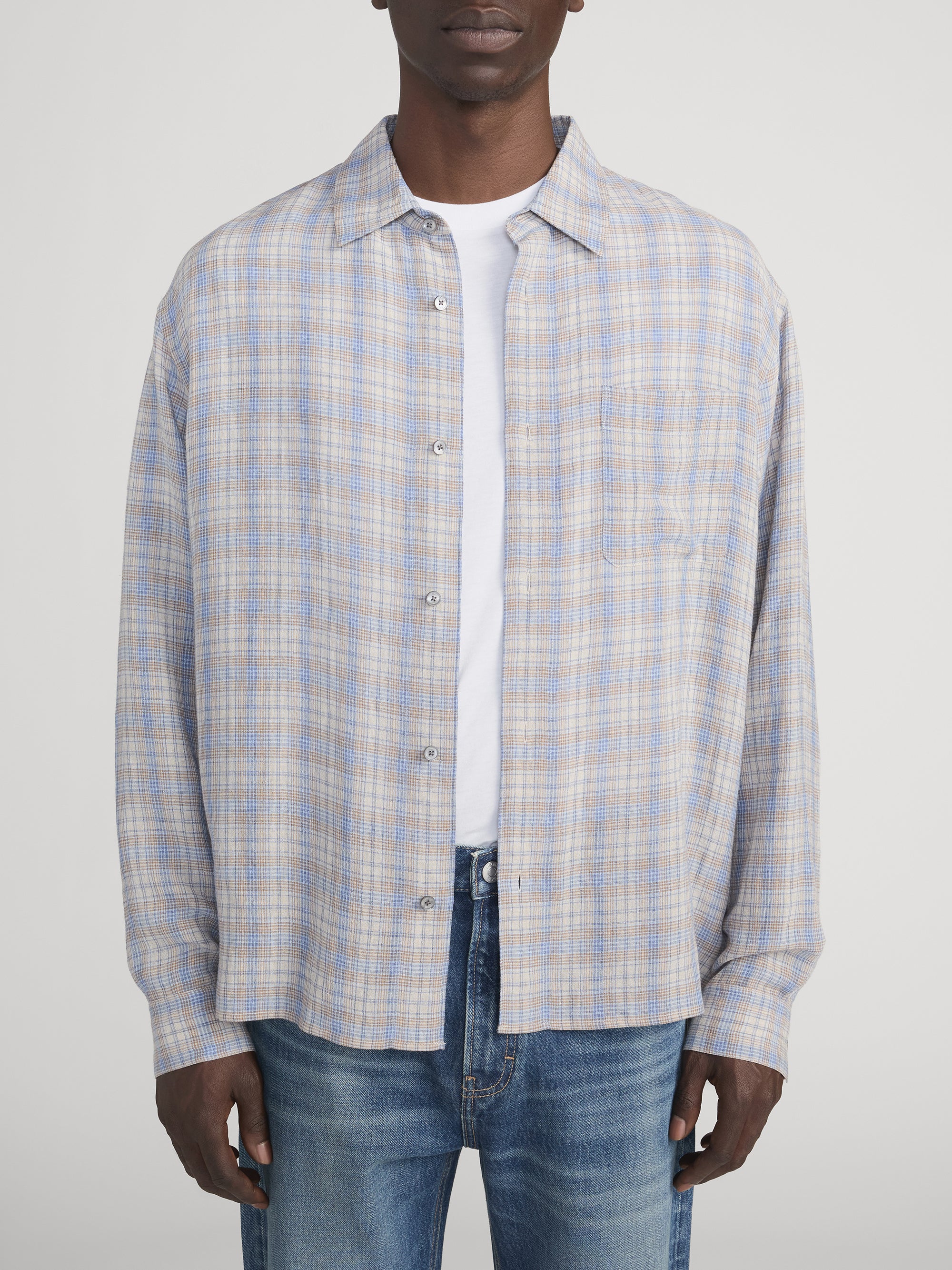 Linen Blend Plaid Shirt -- Cream/ Blue Plaid - Image 3