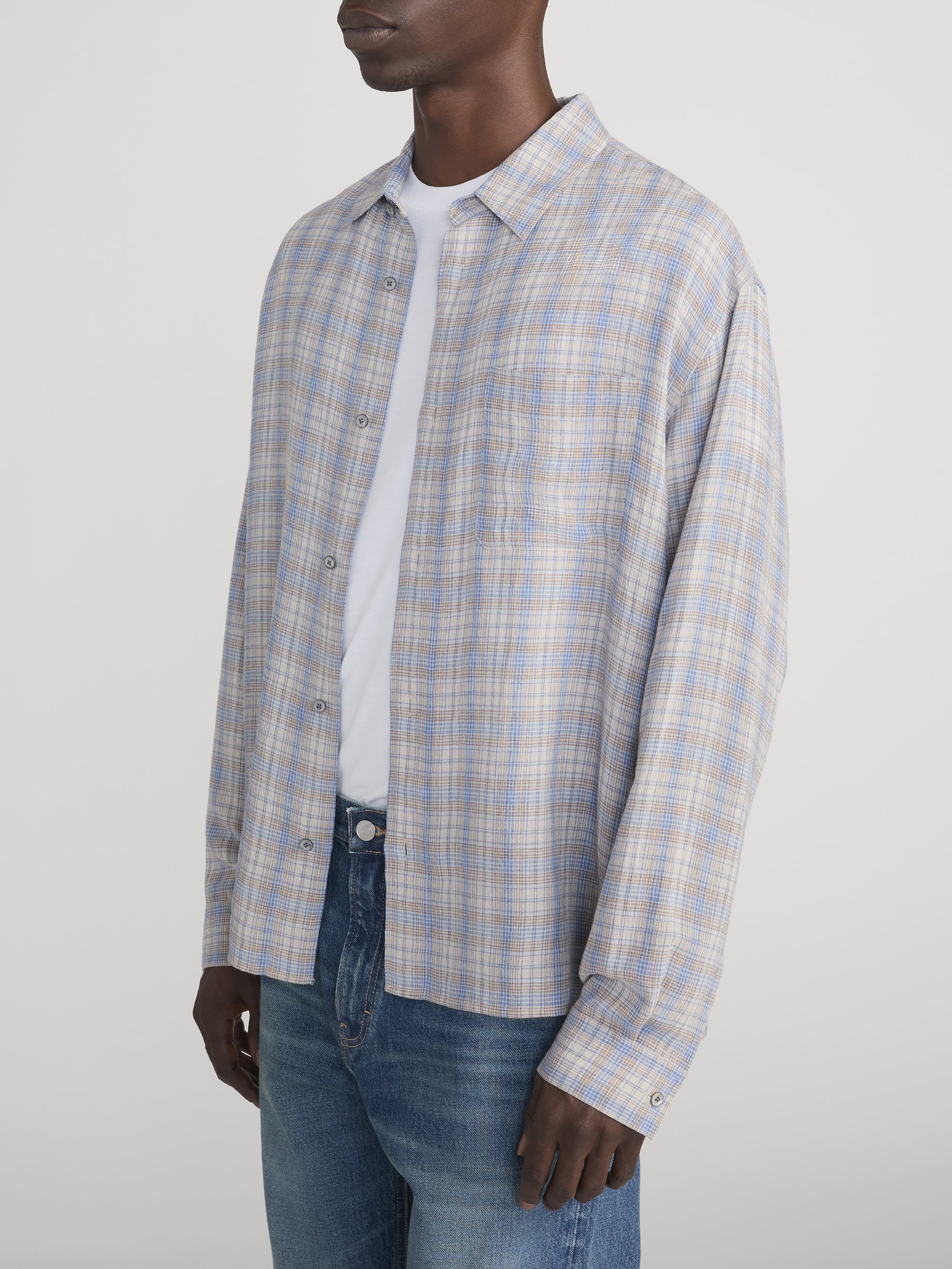 Linen Blend Plaid Shirt -- Cream/ Blue Plaid - Image 4
