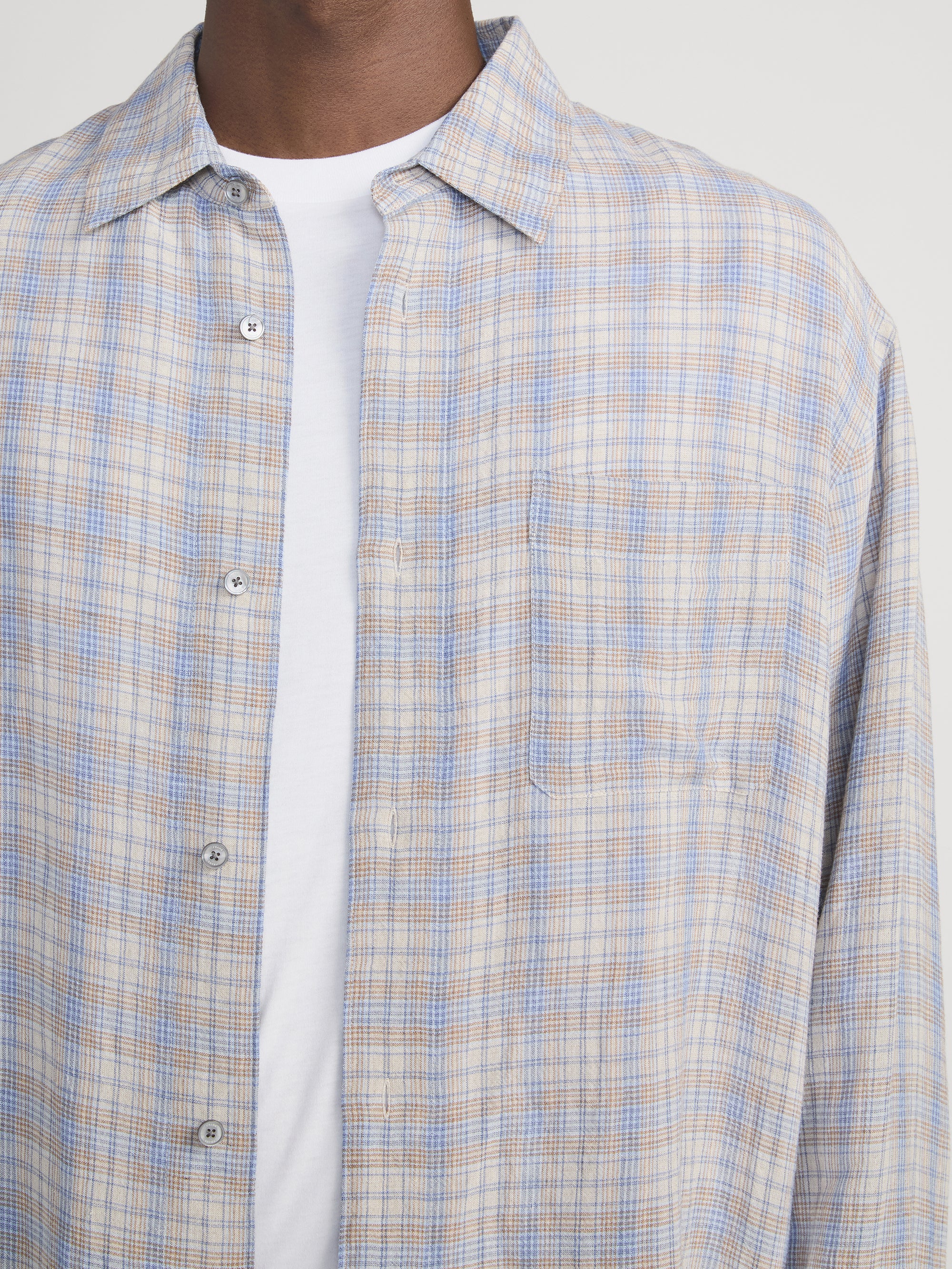 Linen Blend Plaid Shirt -- Cream/ Blue Plaid - Image 5