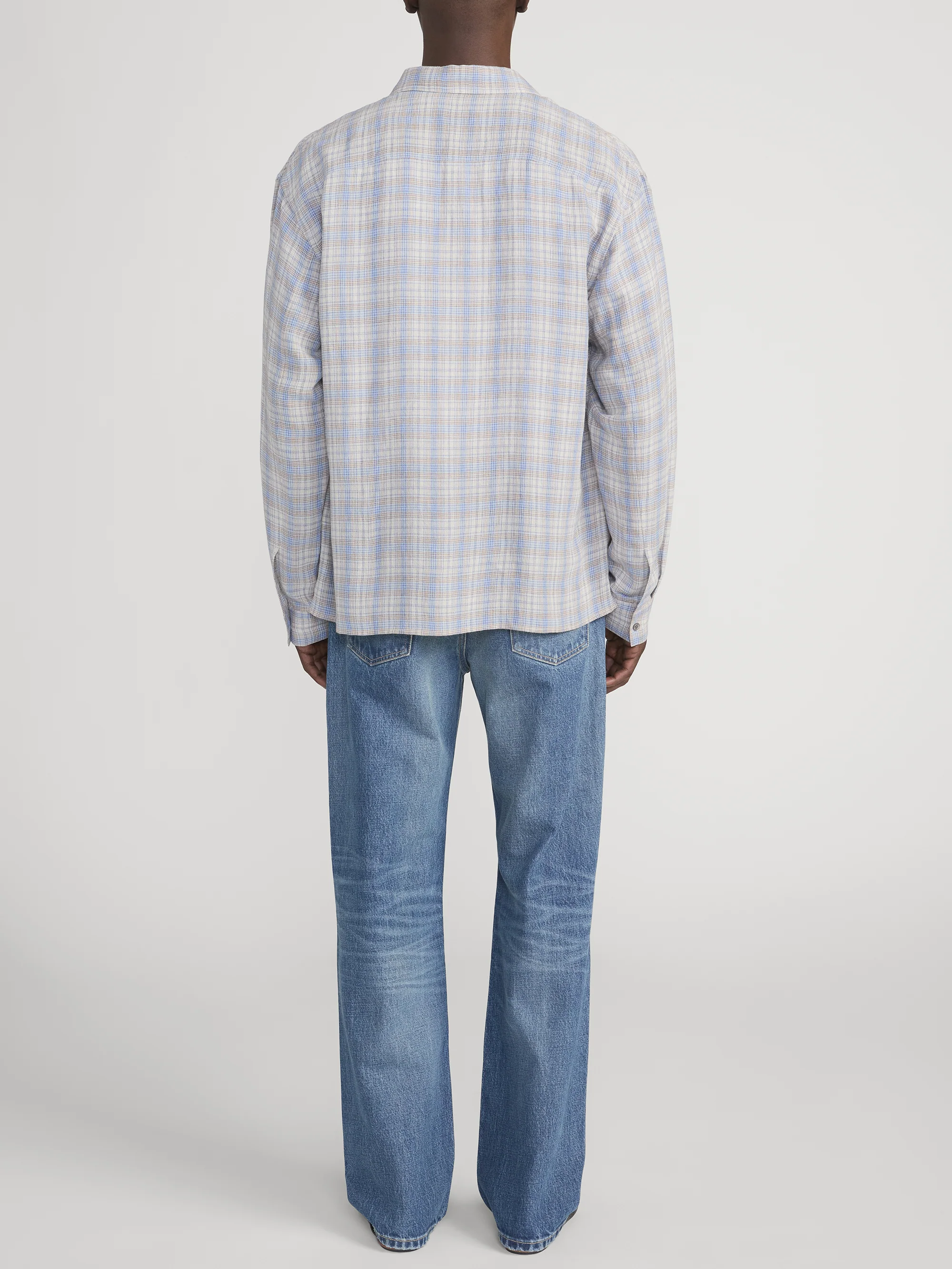 Linen Blend Plaid Shirt -- Cream/ Blue Plaid - Image 6
