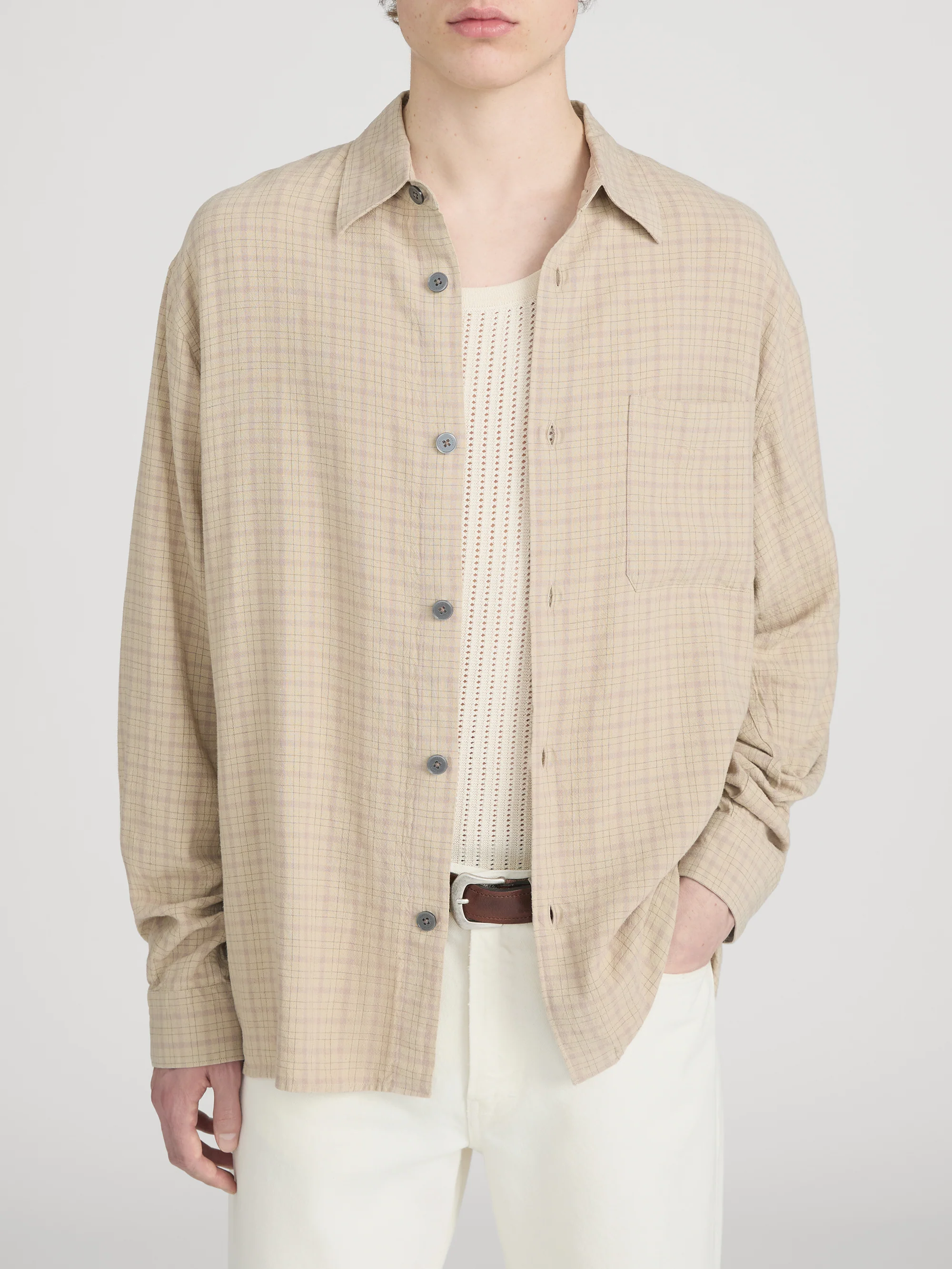 Linen Blend Plaid Shirt -- Beige Plaid - Image 3