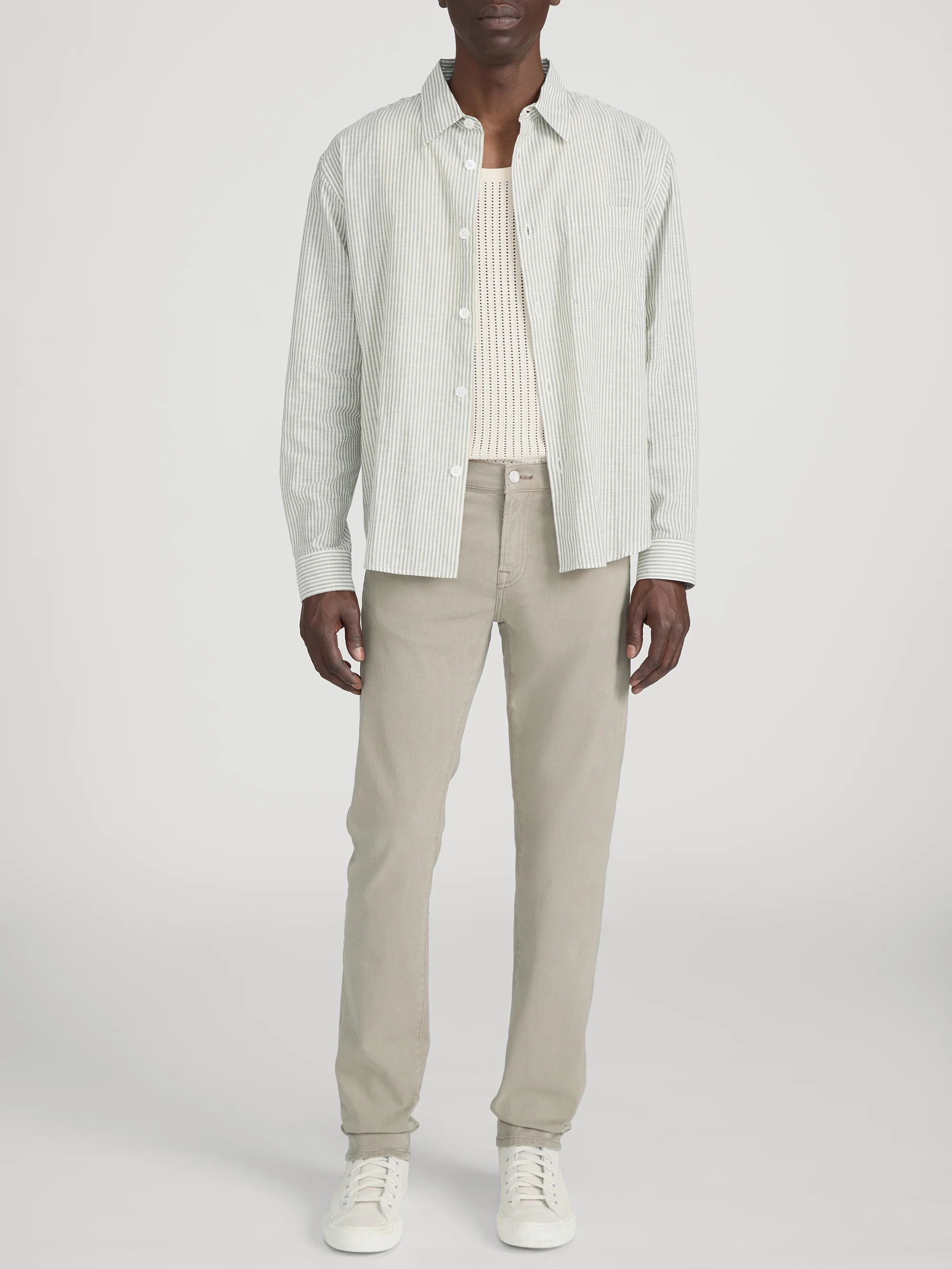 Linen Blend Stripe Shirt -- Khaki Ecru Stripe - Image 2