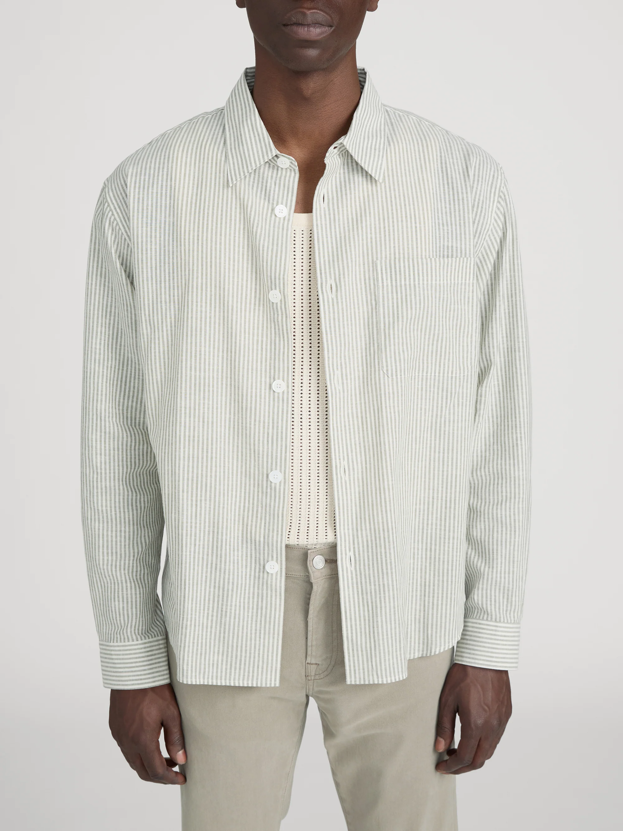Linen Blend Stripe Shirt -- Khaki Ecru Stripe - Image 3