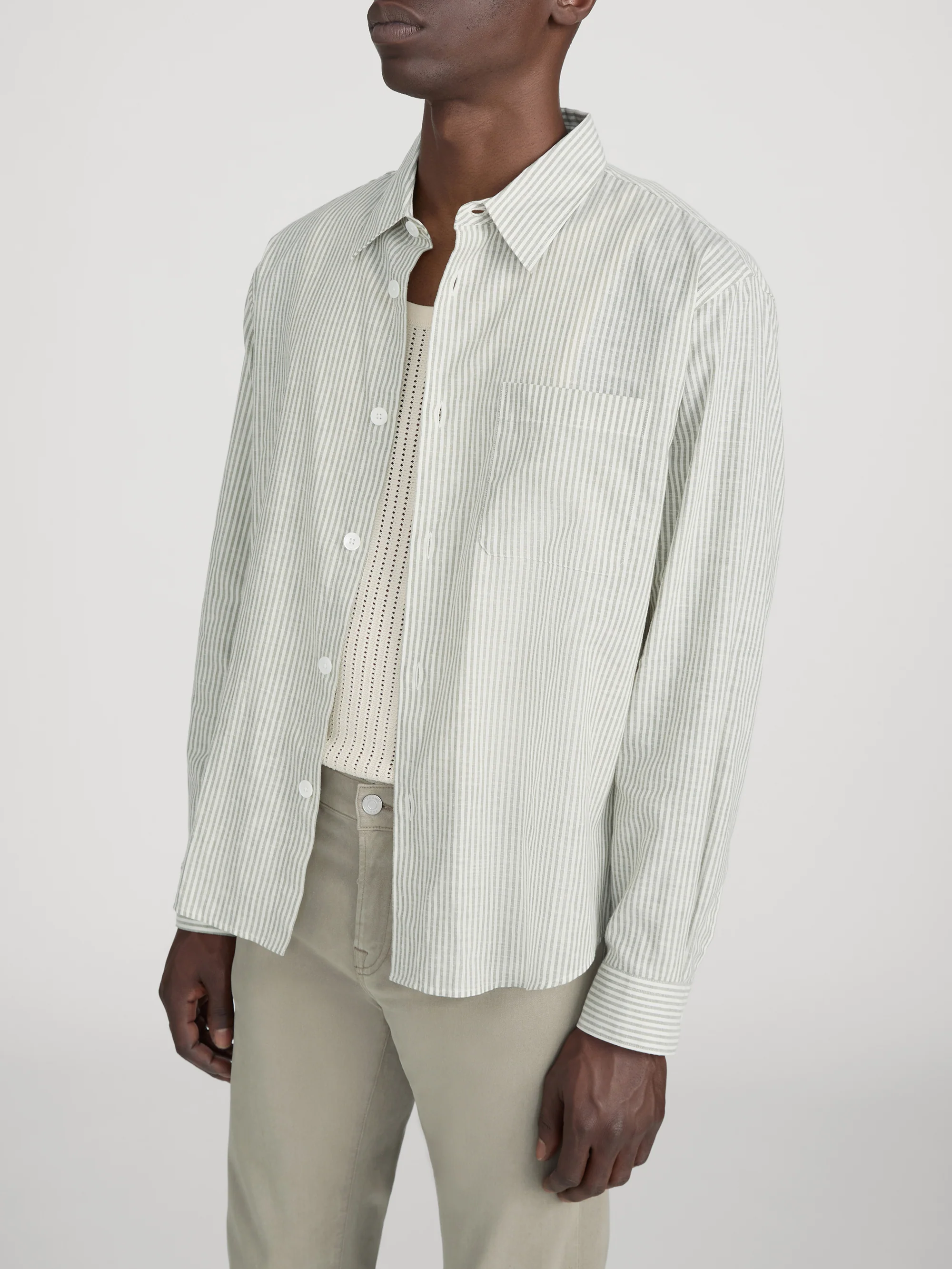 Linen Blend Stripe Shirt -- Khaki Ecru Stripe - Image 4