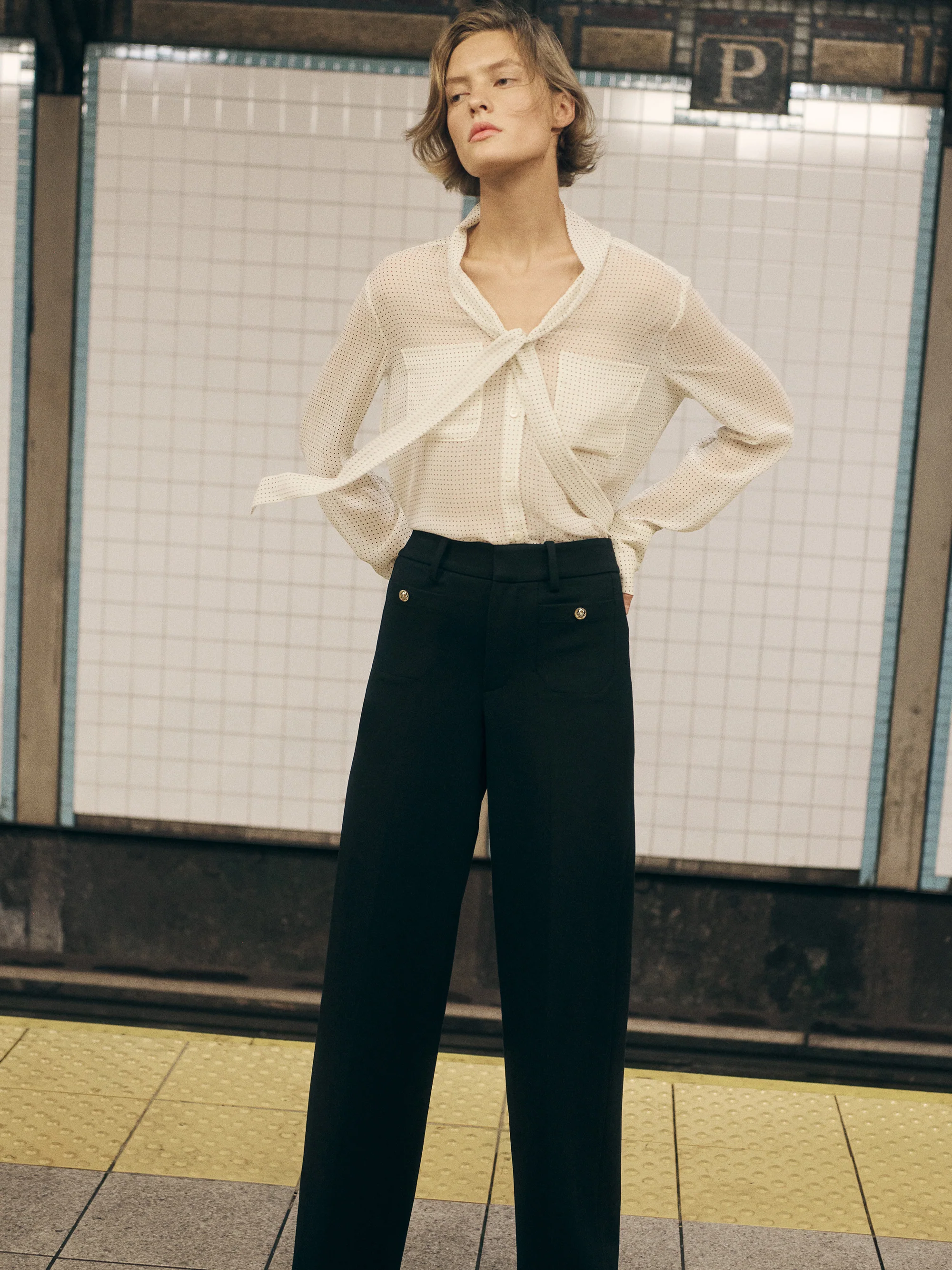 Polka Dot Modern Tie Blouse -- Ecru Multi - Image 7