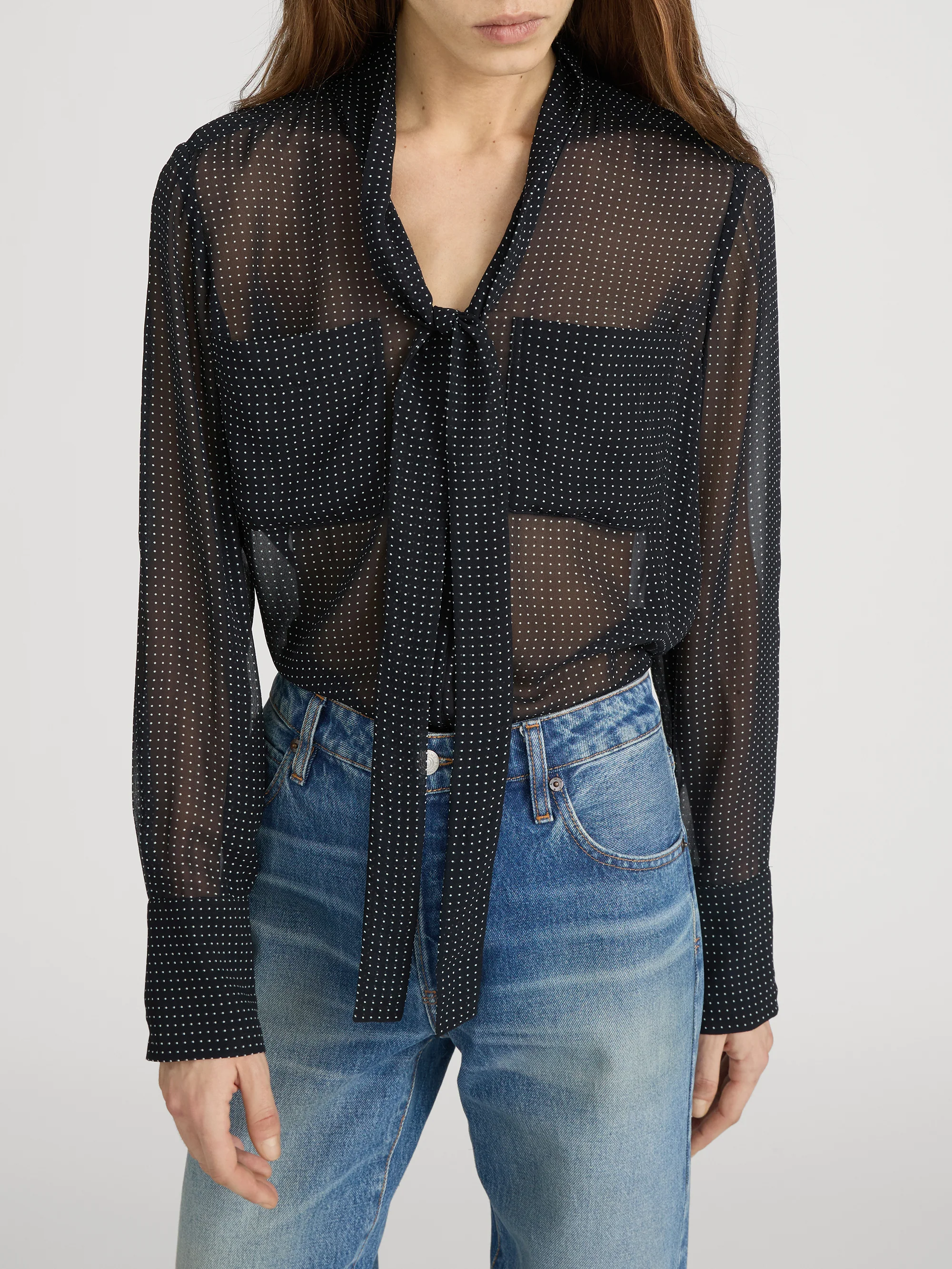 Polka Dot Modern Tie Blouse -- Navy Multi - Image 3