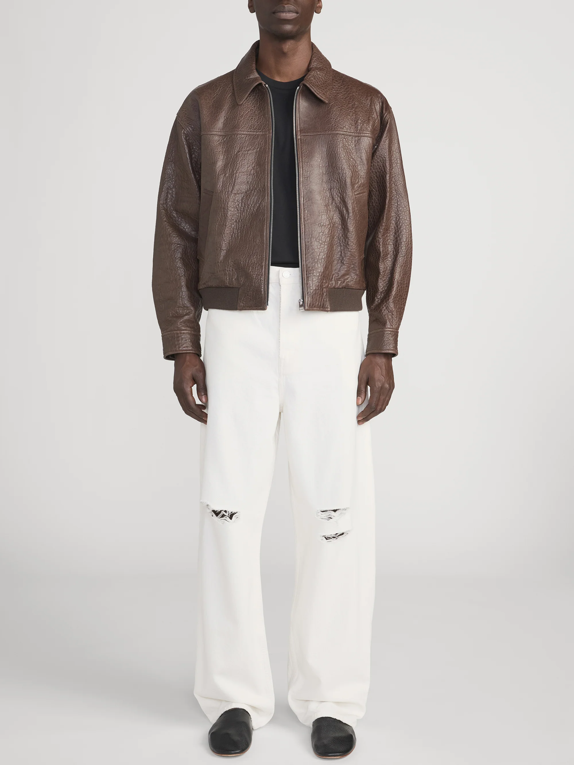 Textured Leather Bomber -- Cafe - Image 2