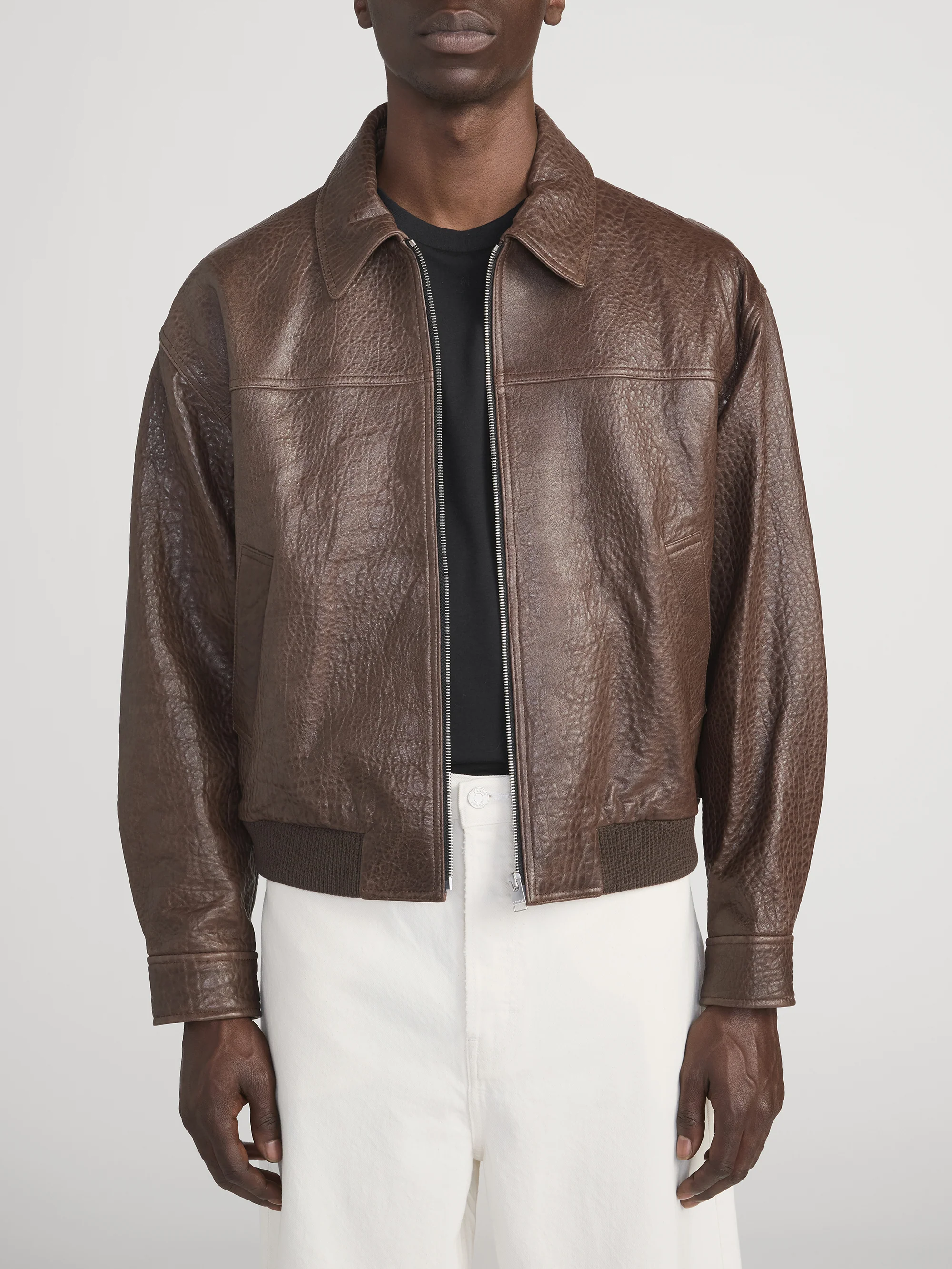 Textured Leather Bomber -- Cafe - Image 3