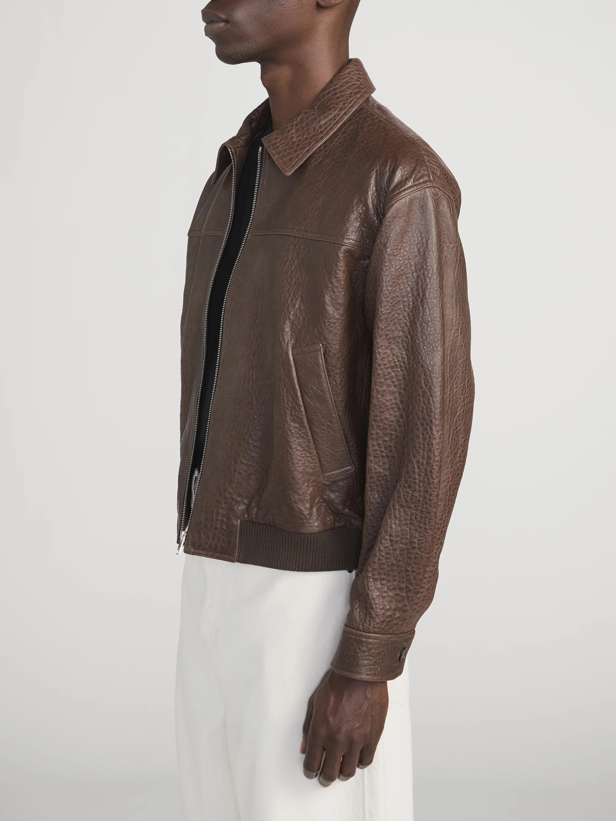 Textured Leather Bomber -- Cafe - Image 4
