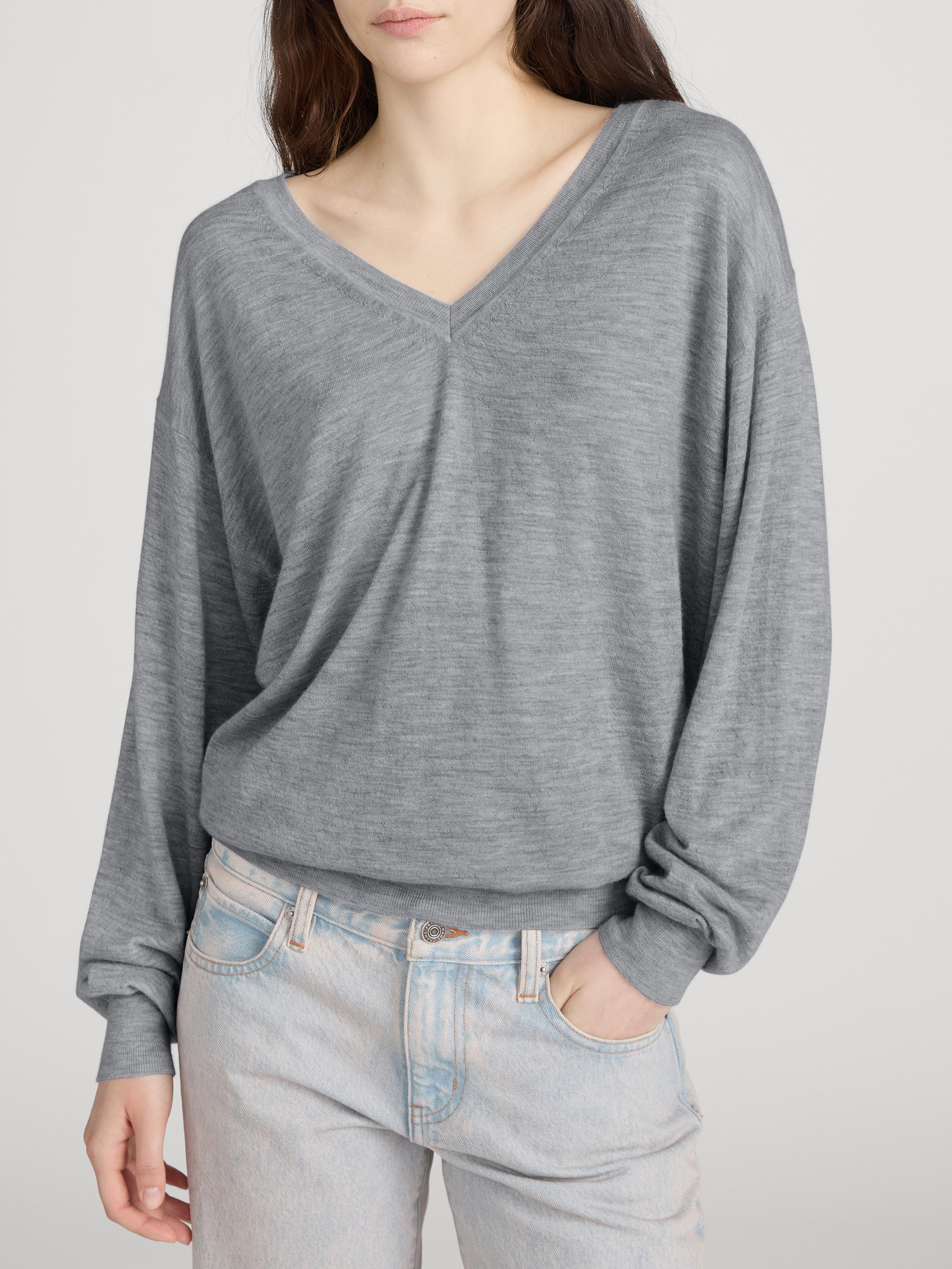 The Cashmere V Neck Sweater -- Heather Grey - Image 3