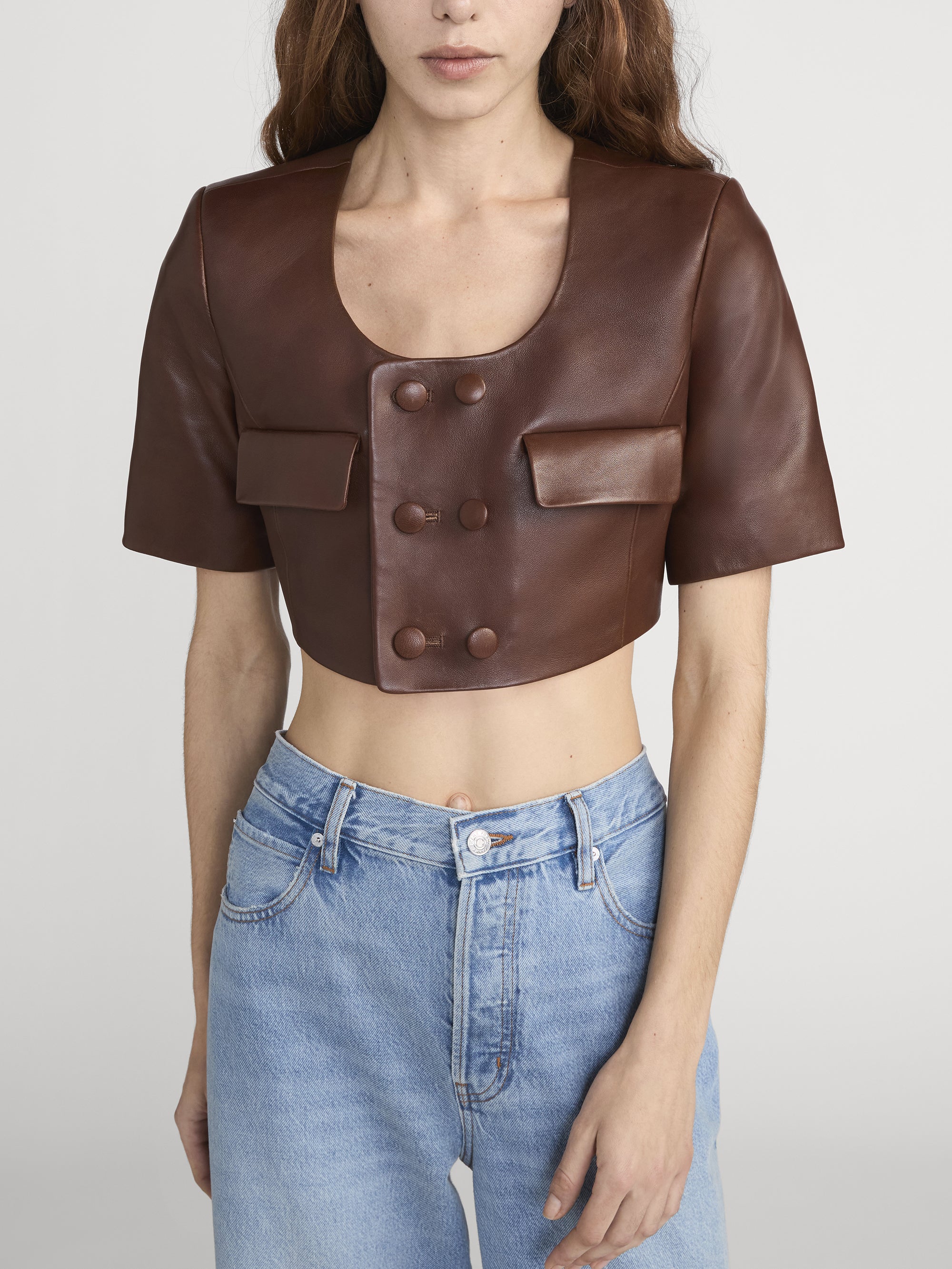The Cropped Leather Jacket -- Dark Brown - Image 3