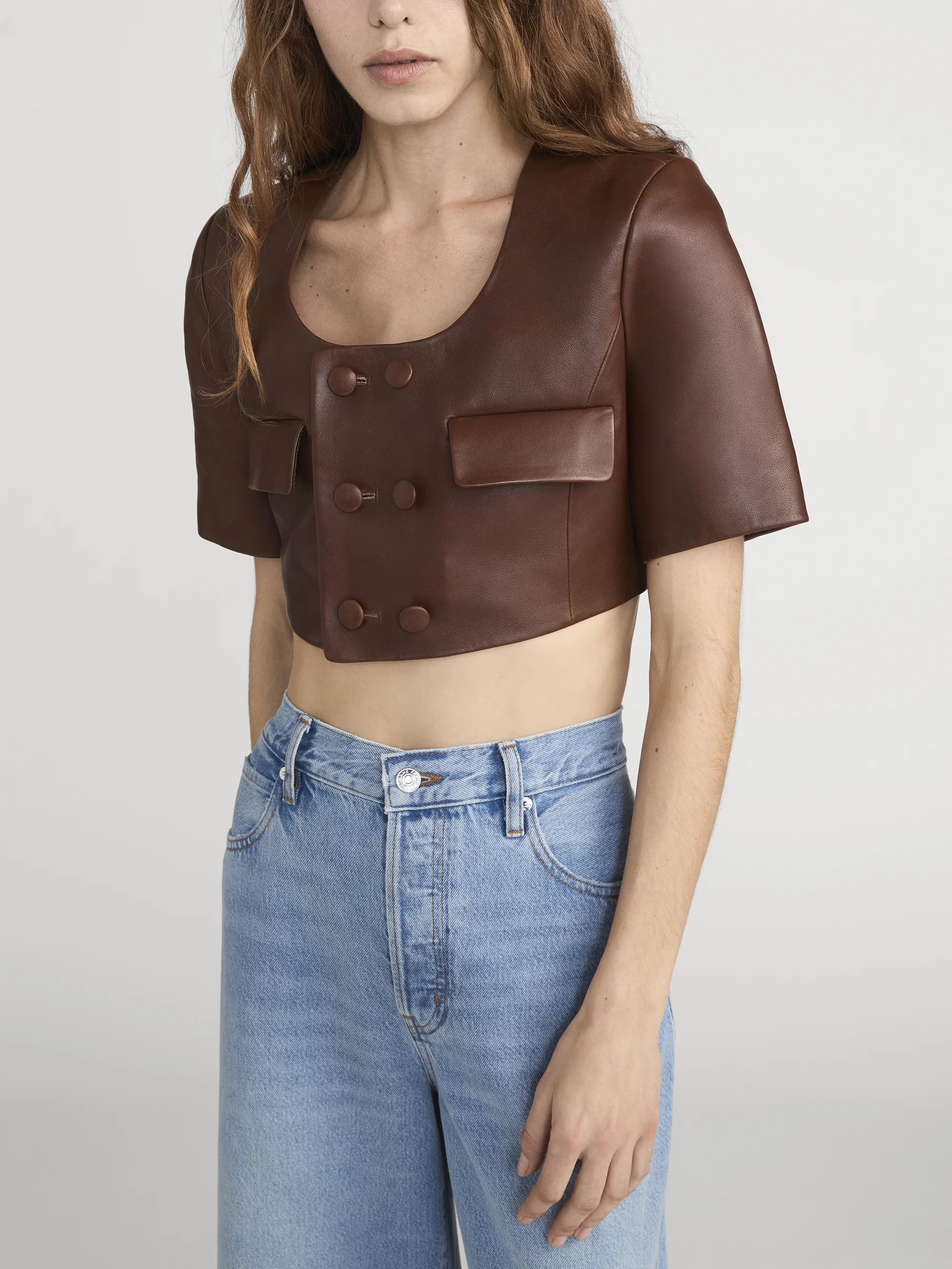 The Cropped Leather Jacket -- Dark Brown - Image 4