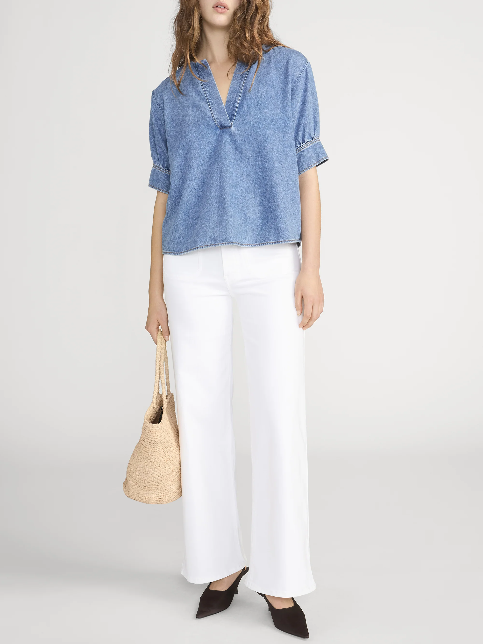 The Denim V-neck Popover Top -- Sora - Image 2