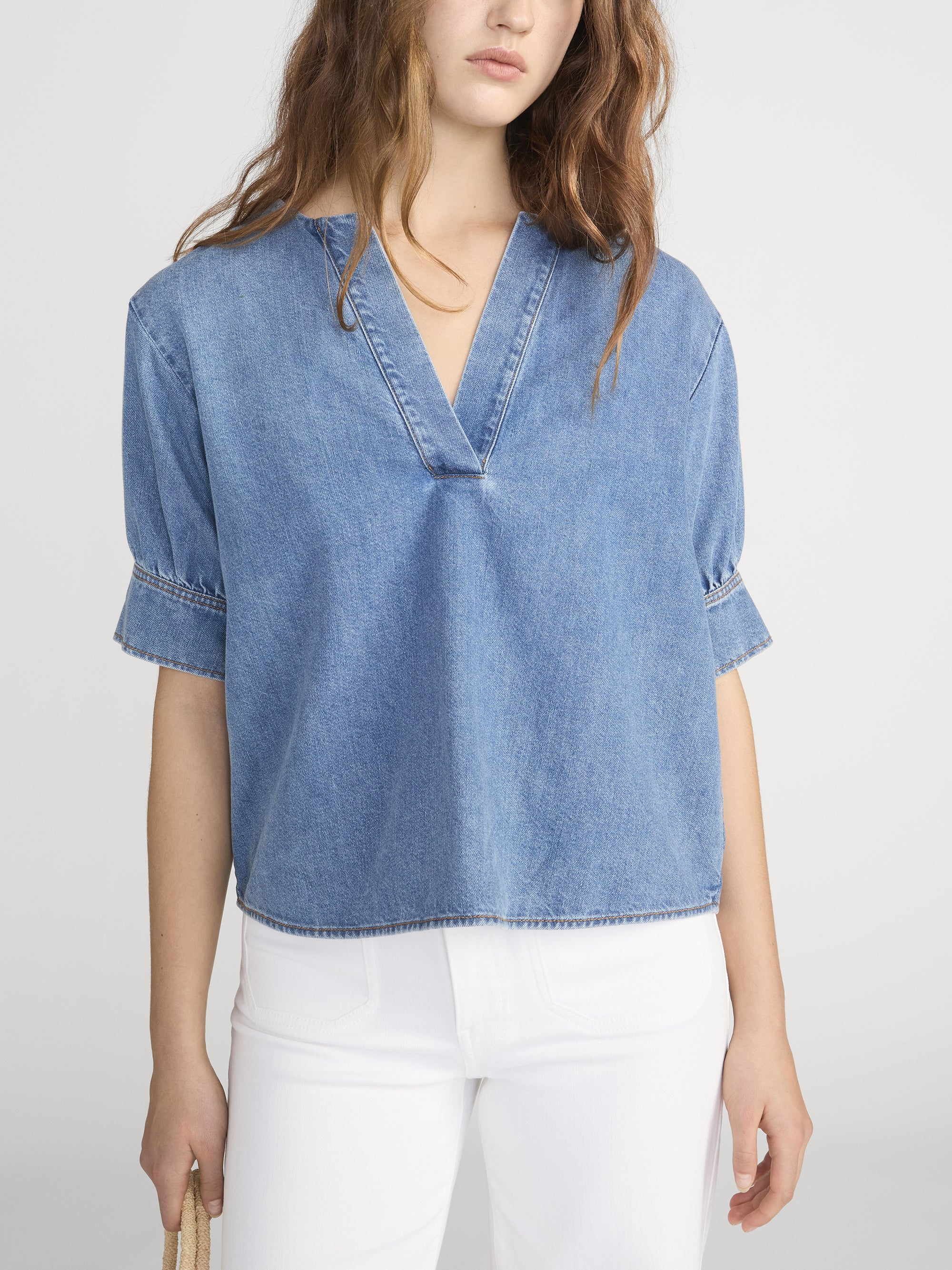 The Denim V-neck Popover Top -- Sora - Image 3