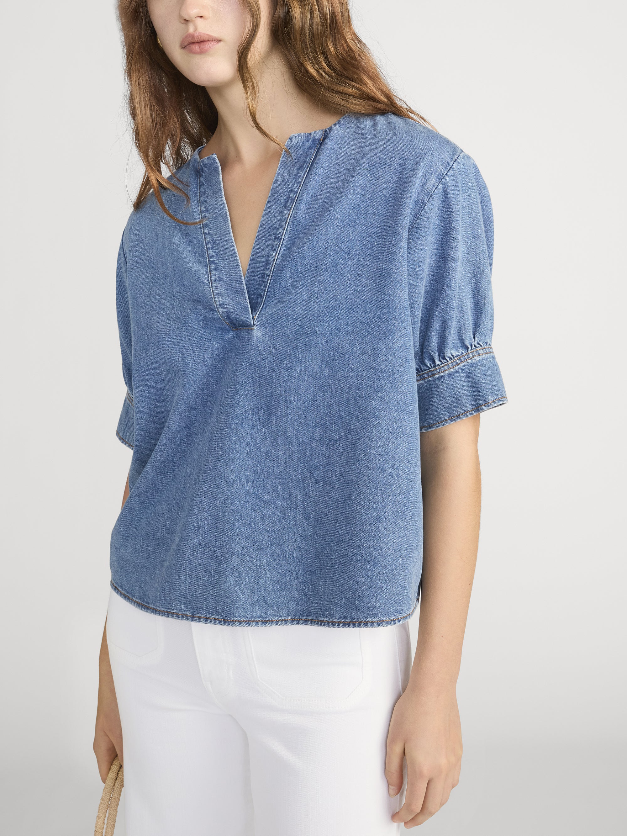 The Denim V-neck Popover Top -- Sora - Image 4