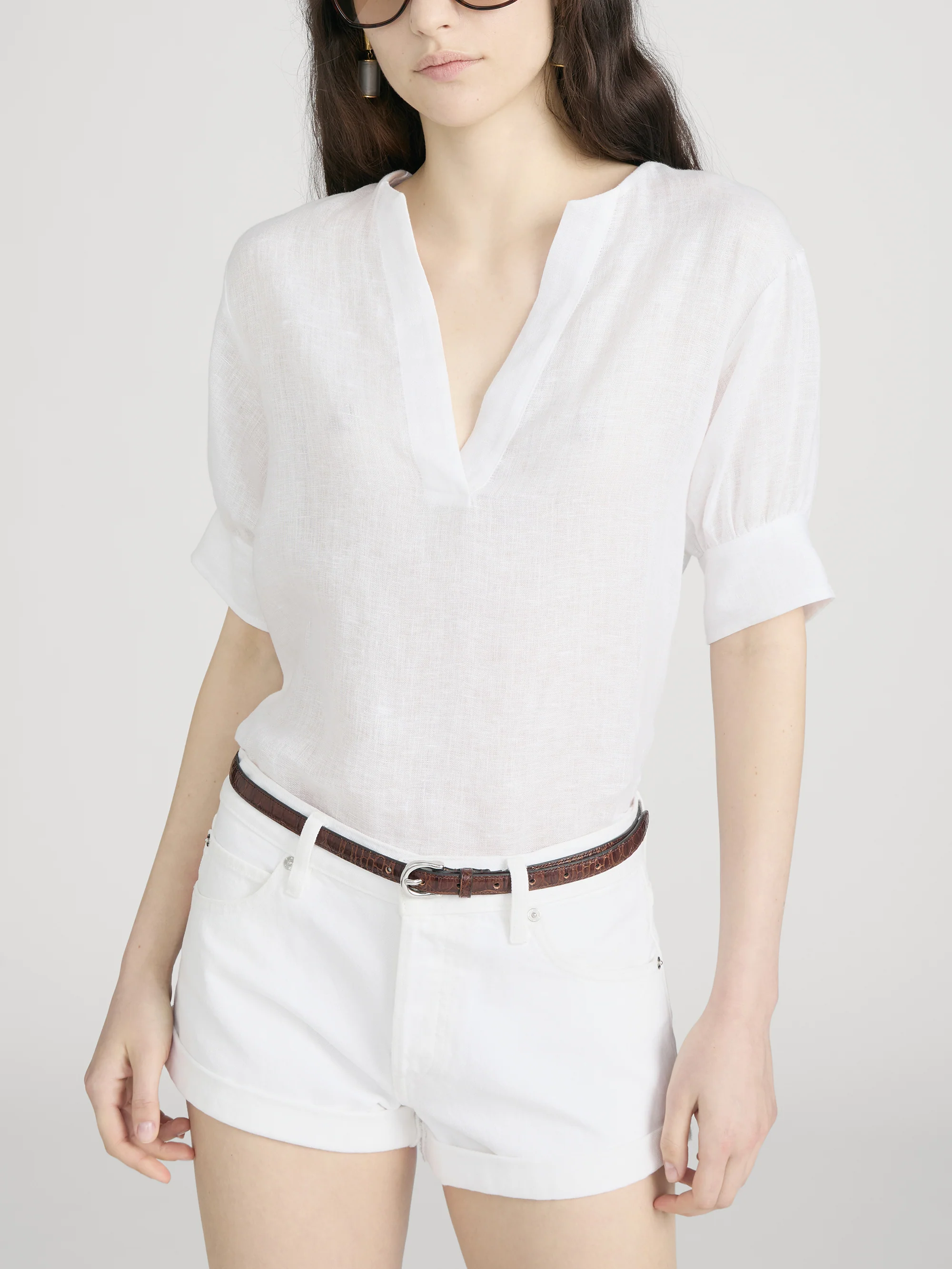 The Linen V-Neck Popover Top -- White - Image 3