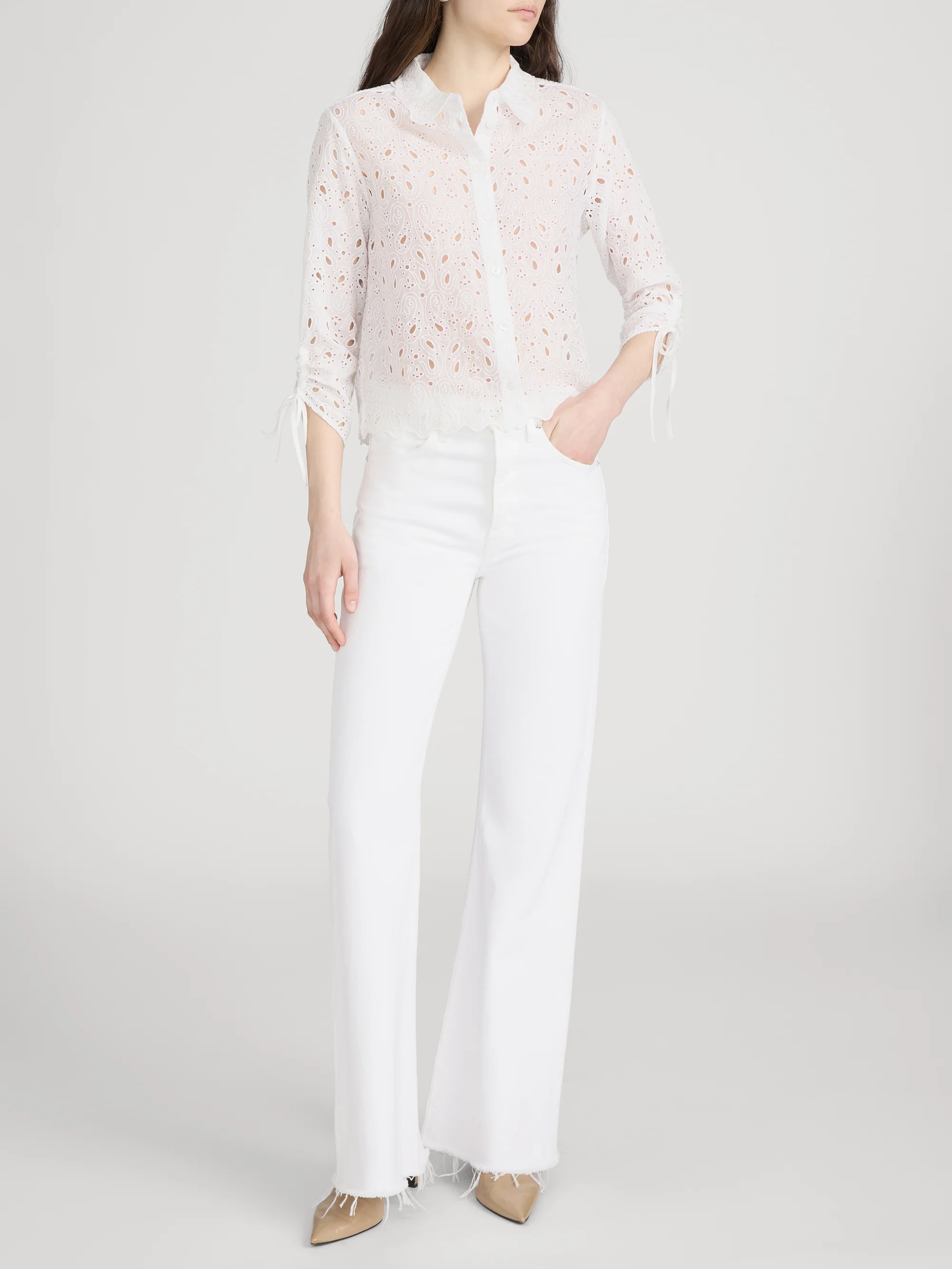 The Paisley Eyelet Cinch Sleeve Shirt -- White - Image 2