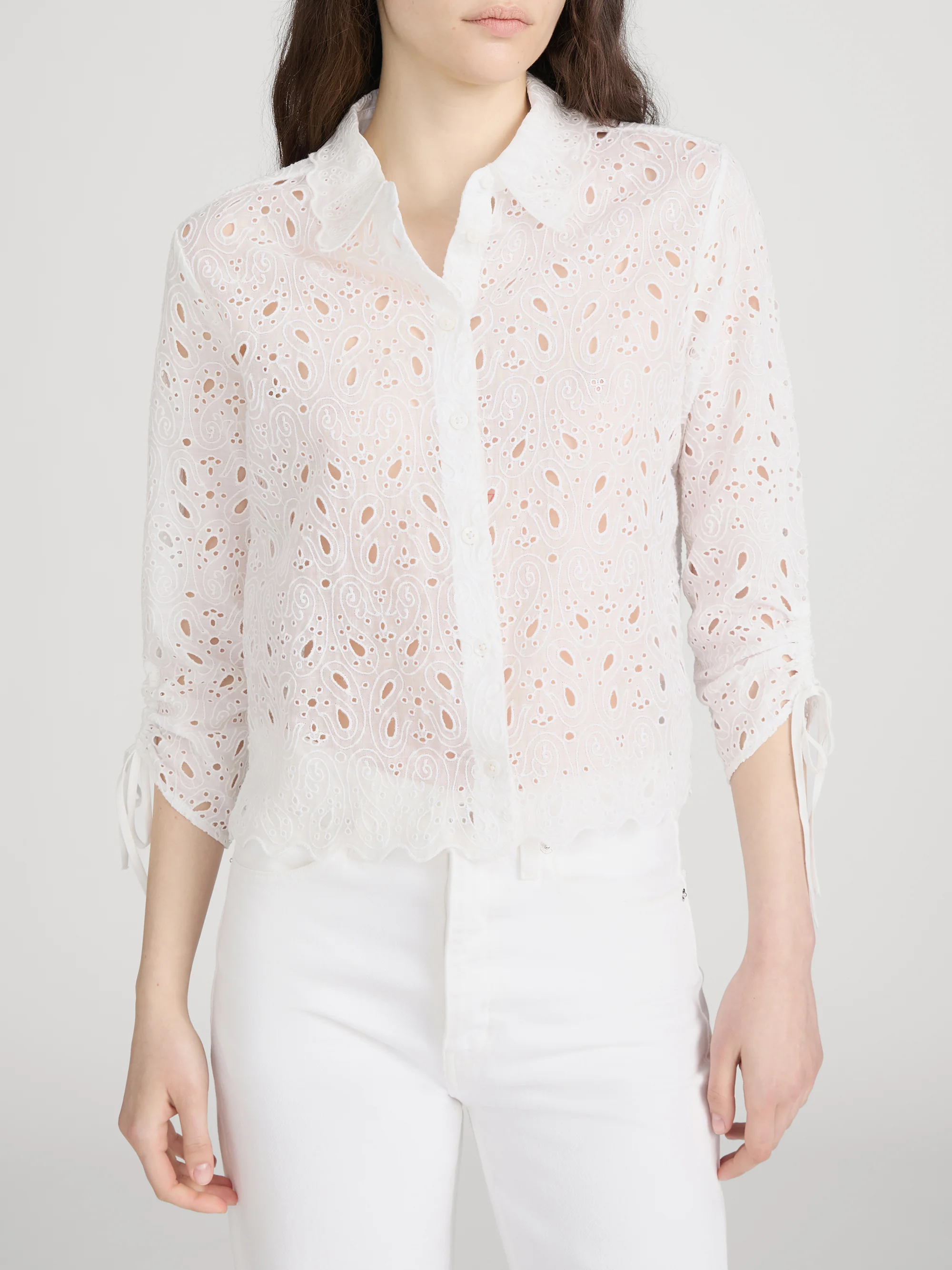 The Paisley Eyelet Cinch Sleeve Shirt -- White - Image 3