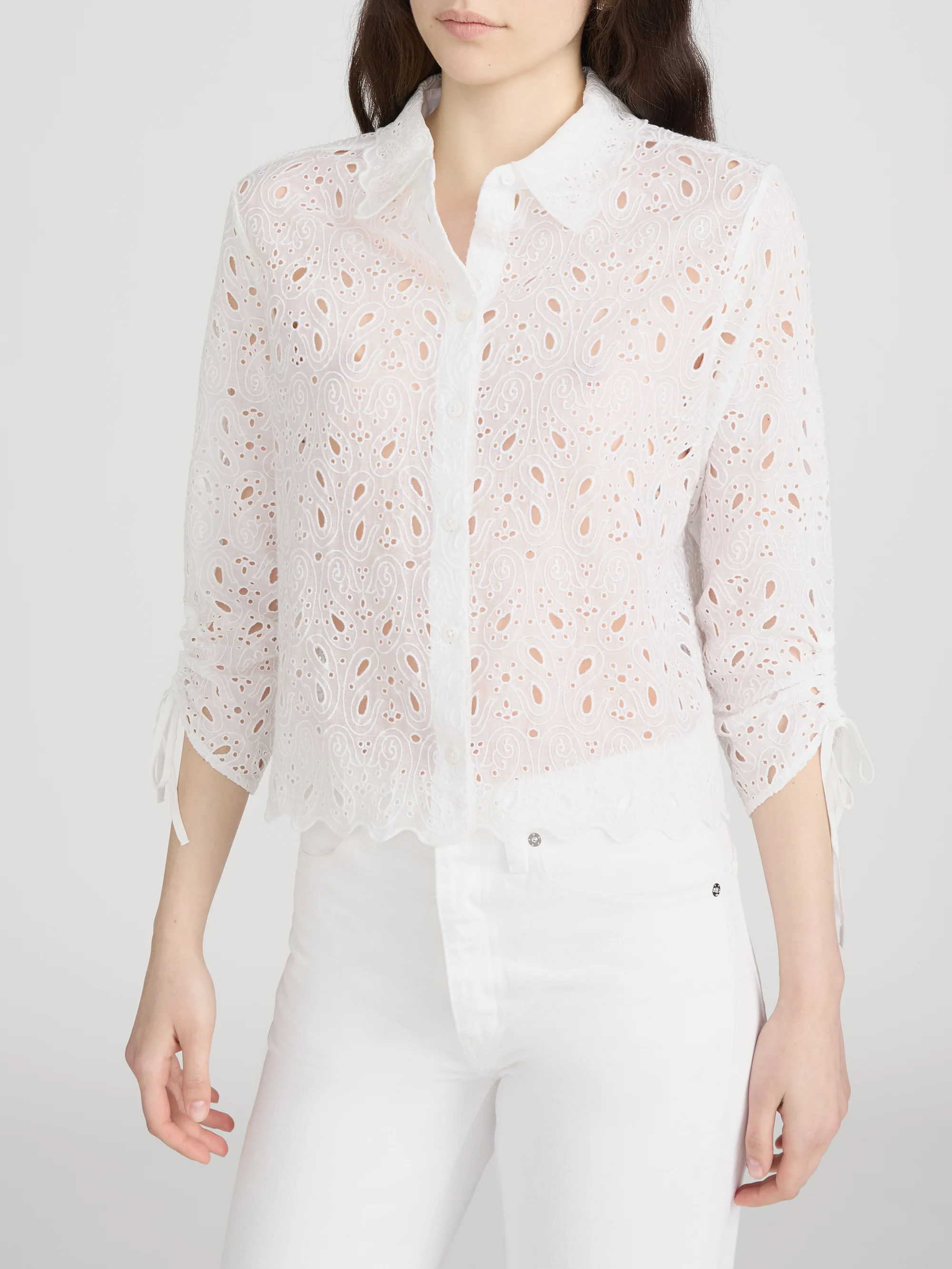 The Paisley Eyelet Cinch Sleeve Shirt -- White - Image 4
