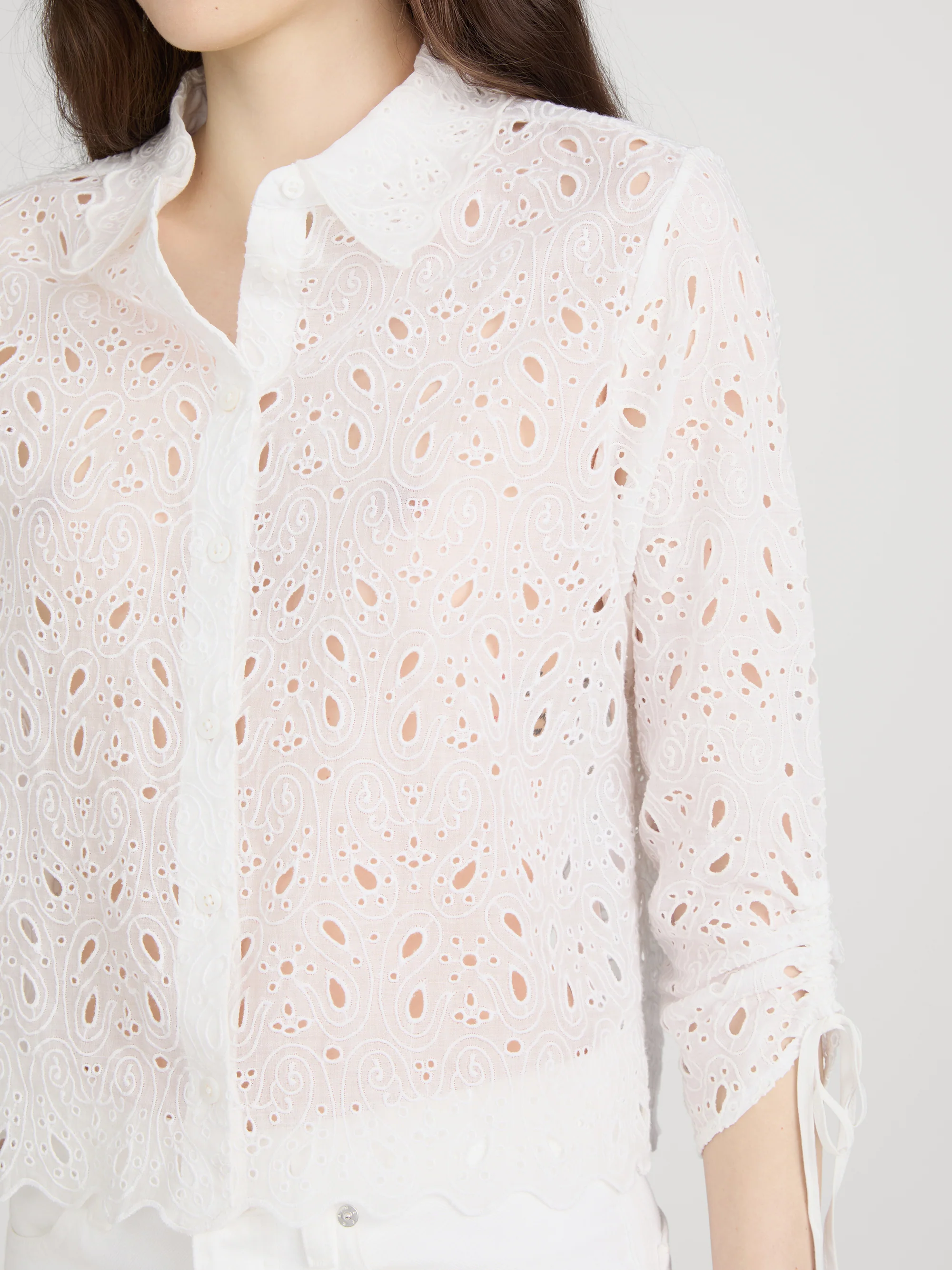 The Paisley Eyelet Cinch Sleeve Shirt -- White - Image 5
