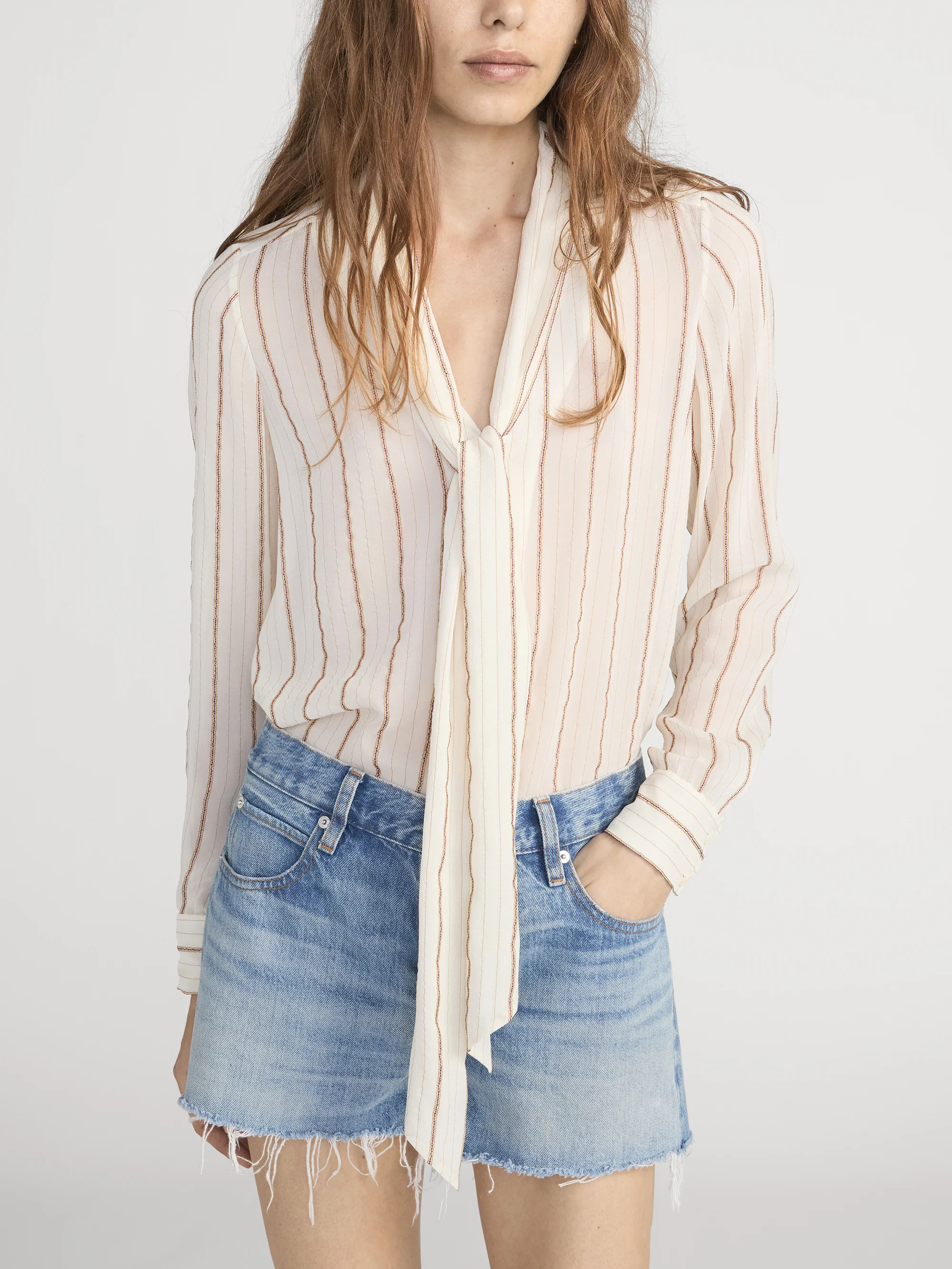 The Striped Silk Tie Blouse -- Cream Multi - Image 3