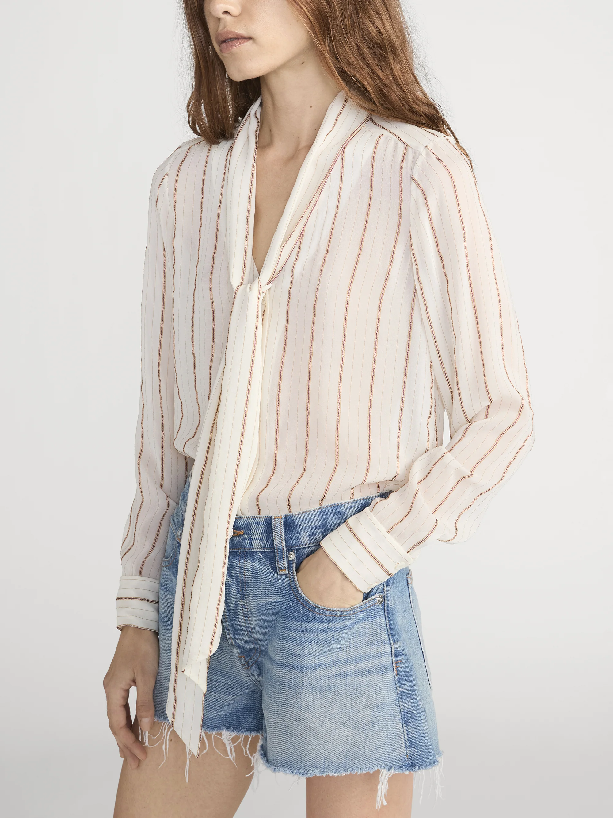 The Striped Silk Tie Blouse -- Cream Multi - Image 4
