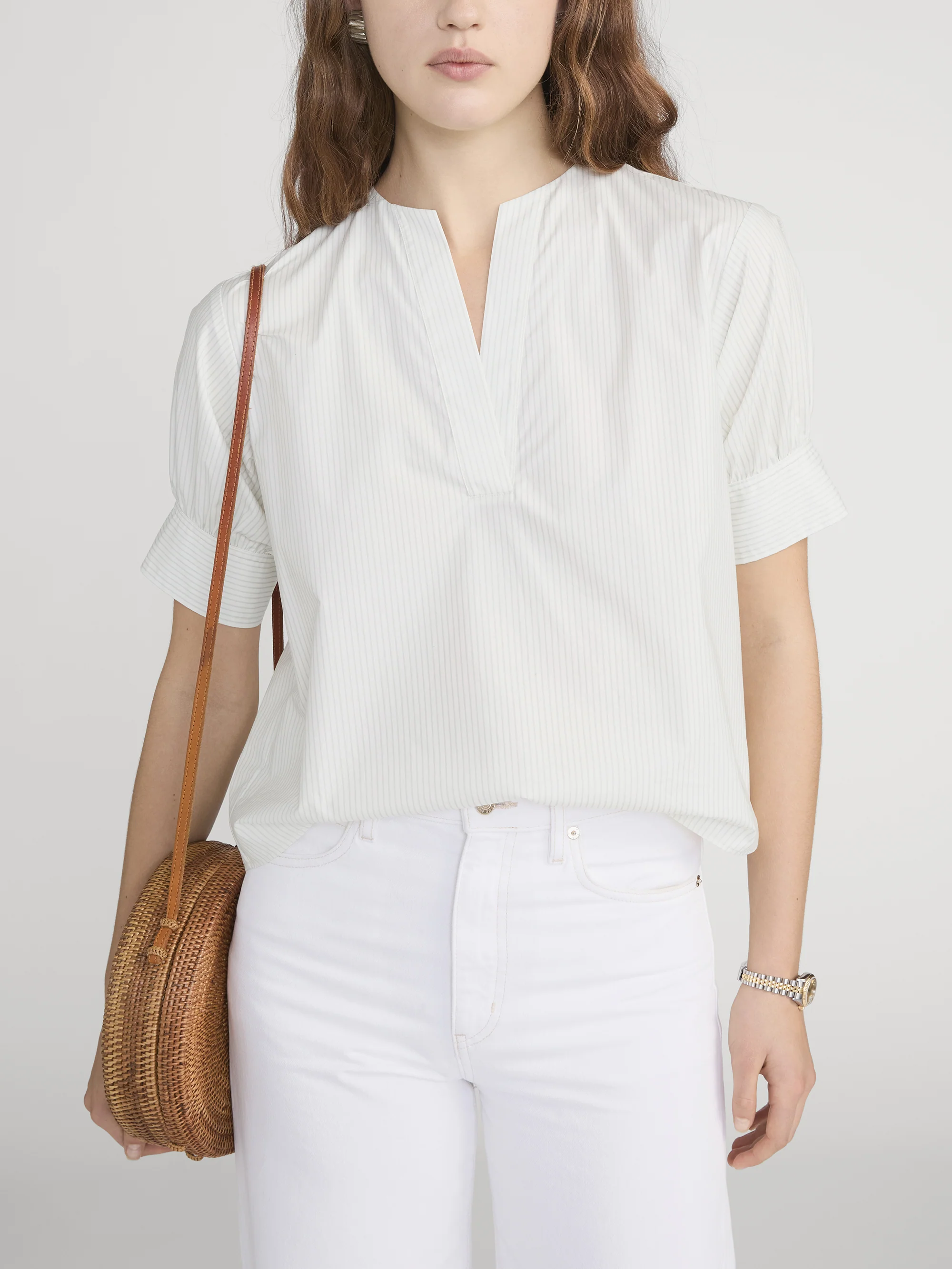The V-Neck Popover Top -- Cream Multi - Image 3