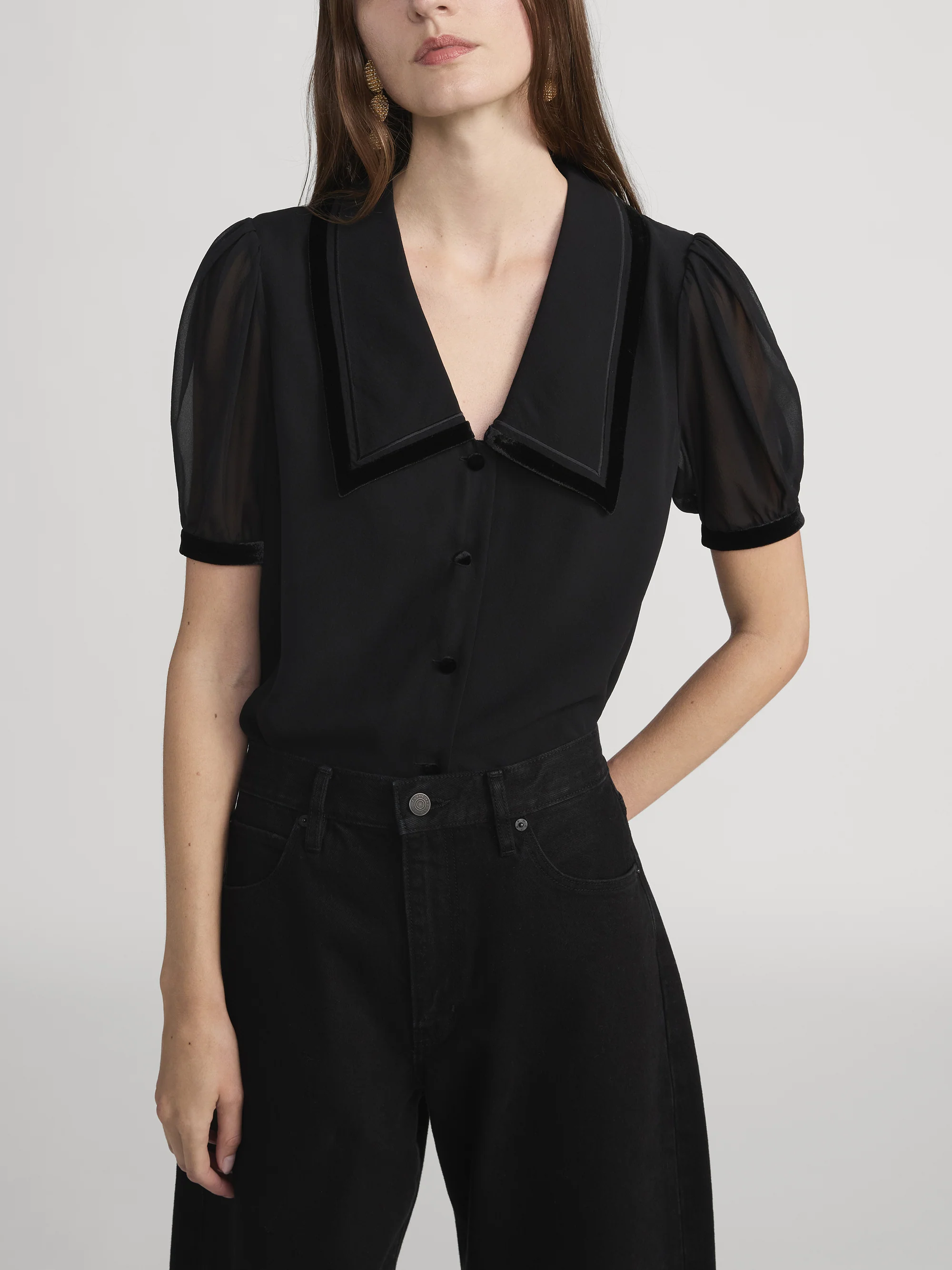 The Velvet Trim Sailor Blouse -- Black - Image 3