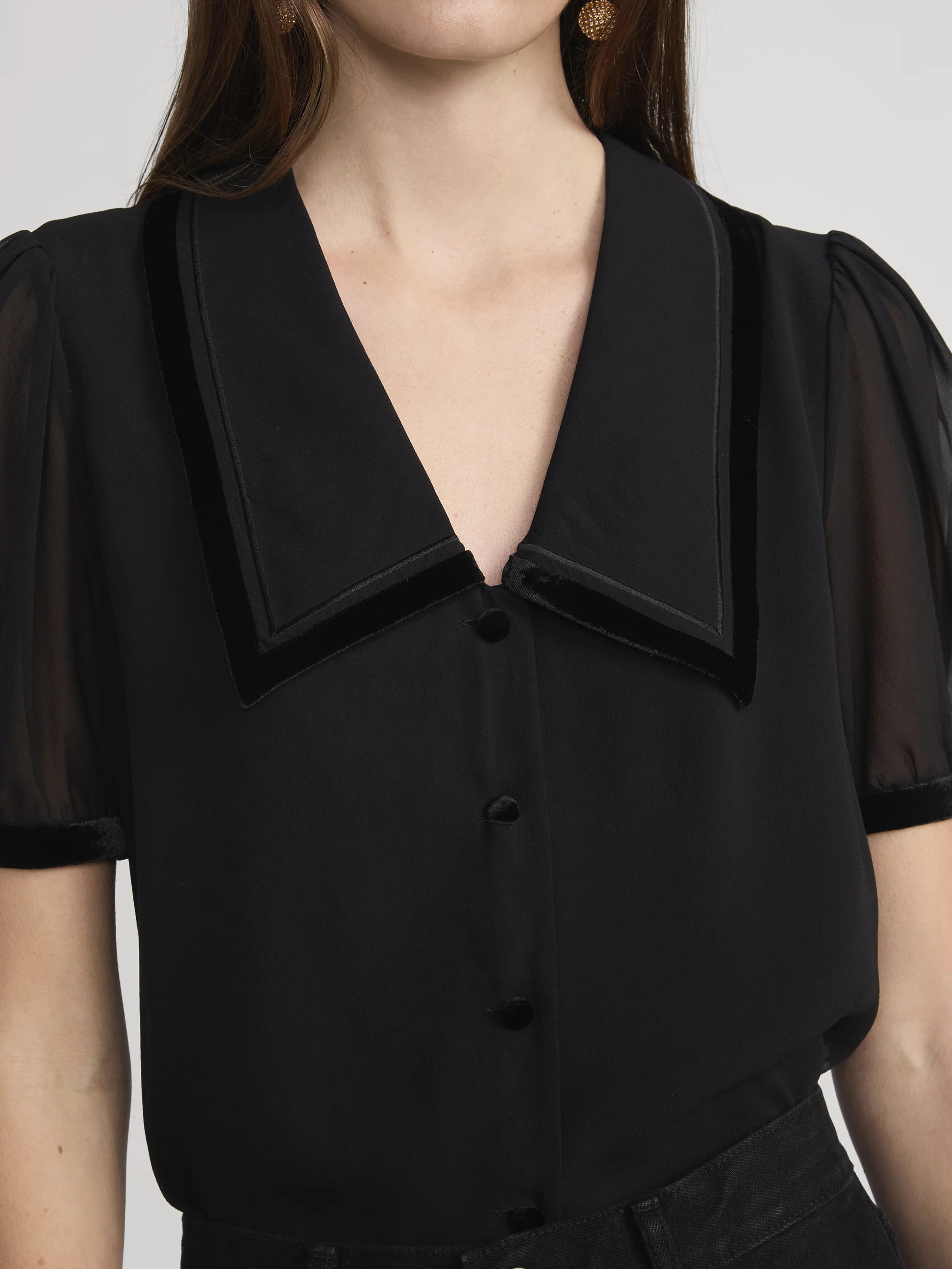 The Velvet Trim Sailor Blouse -- Black - Image 4