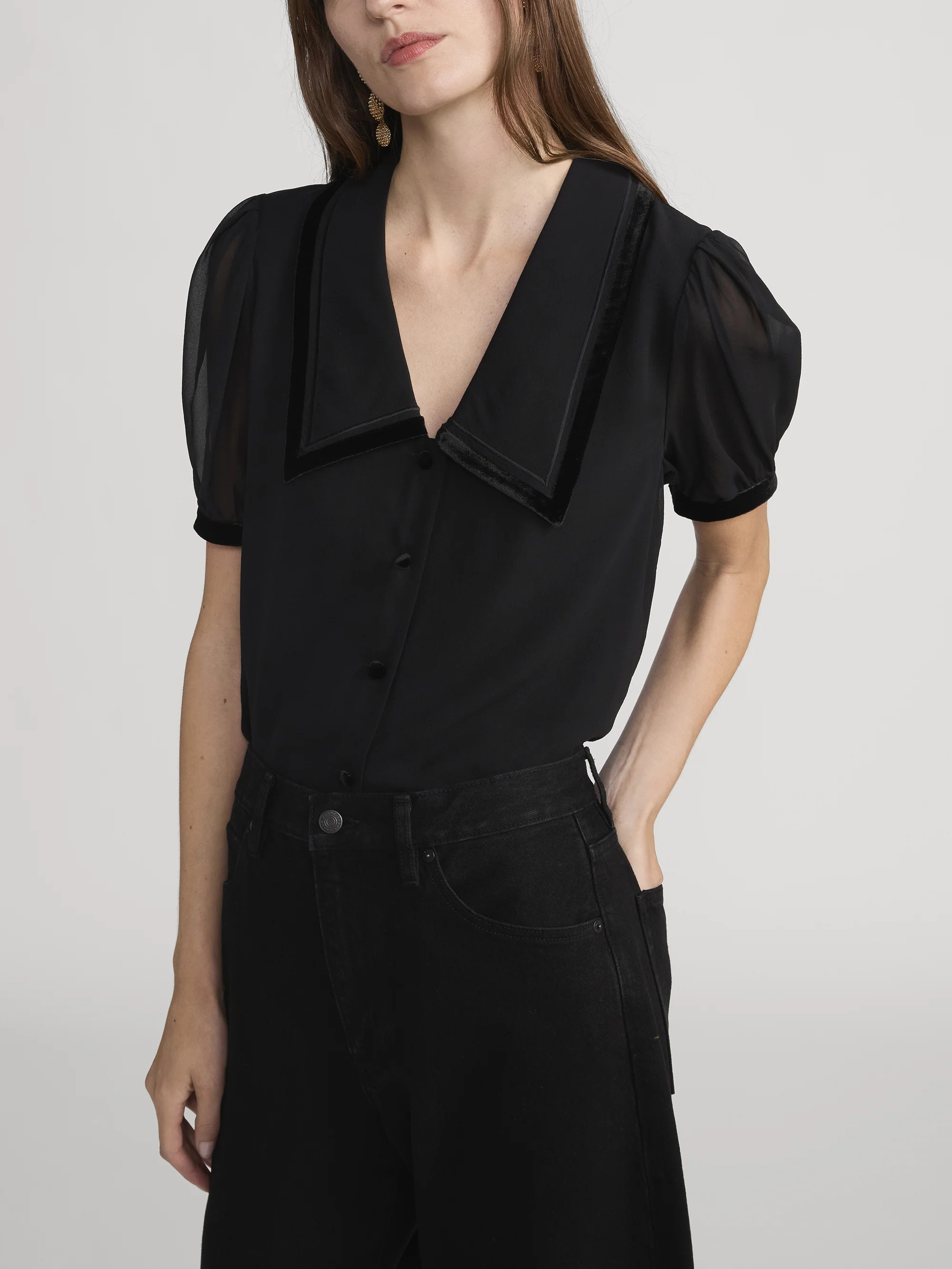 The Velvet Trim Sailor Blouse -- Black - Image 5