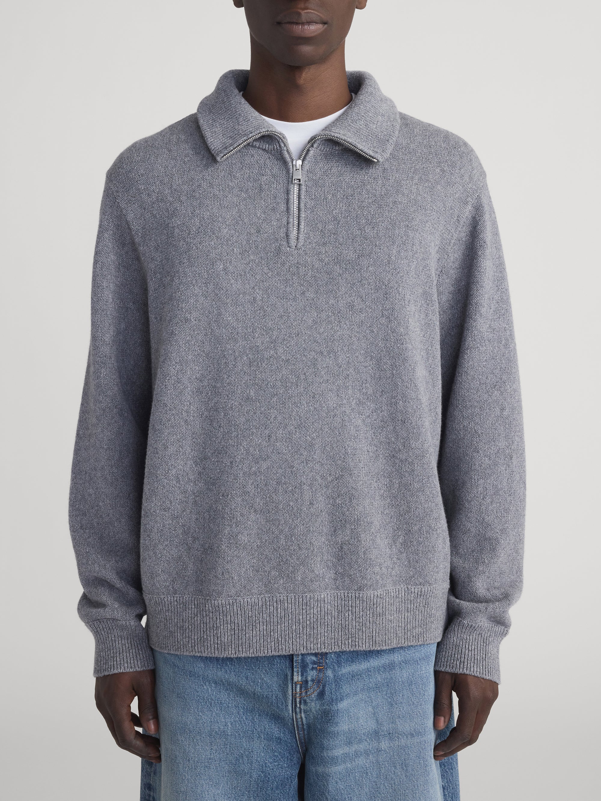Zip Up Wool Sweater -- Grey Melange - Image 3